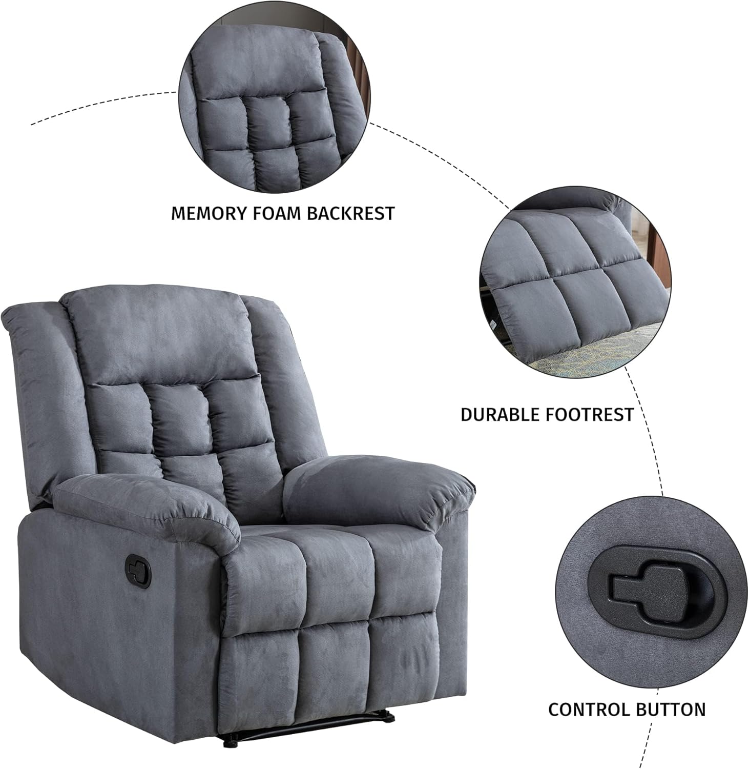 Silla reclinable manual clásica con reposacabezas y reposabrazos acolchados suaves, sofá individual con relleno para sala de estar, dormitorio, gris