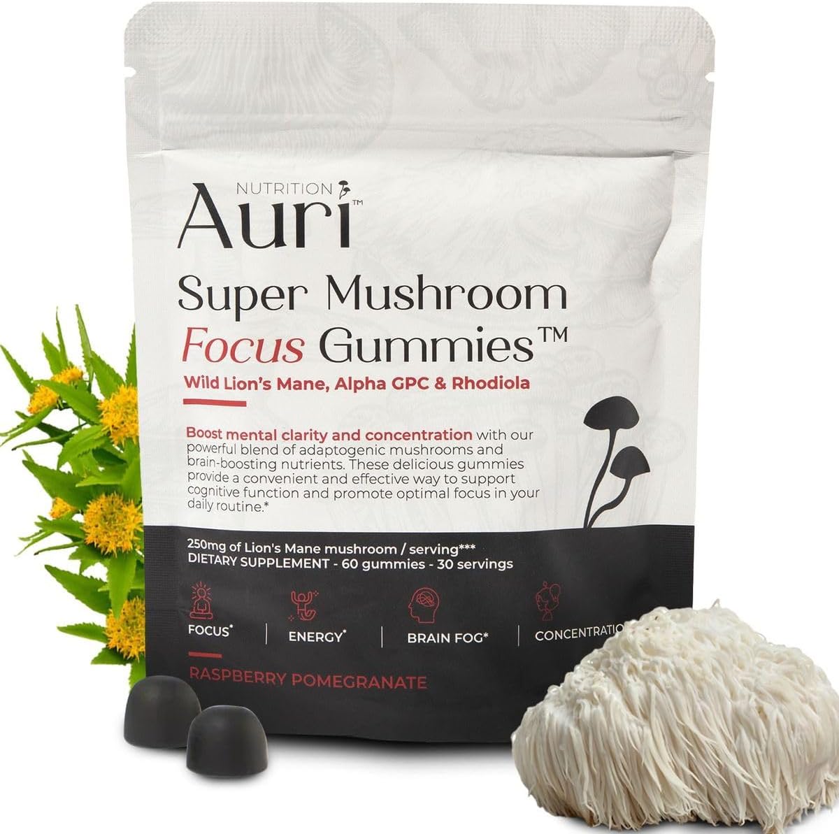 Auri Gomitas Super Mushroom Focus  melena de león, Alpha GPC y Rhodiola  Suplemento de hongos para apoyar la función cognitiva, claridad mental,