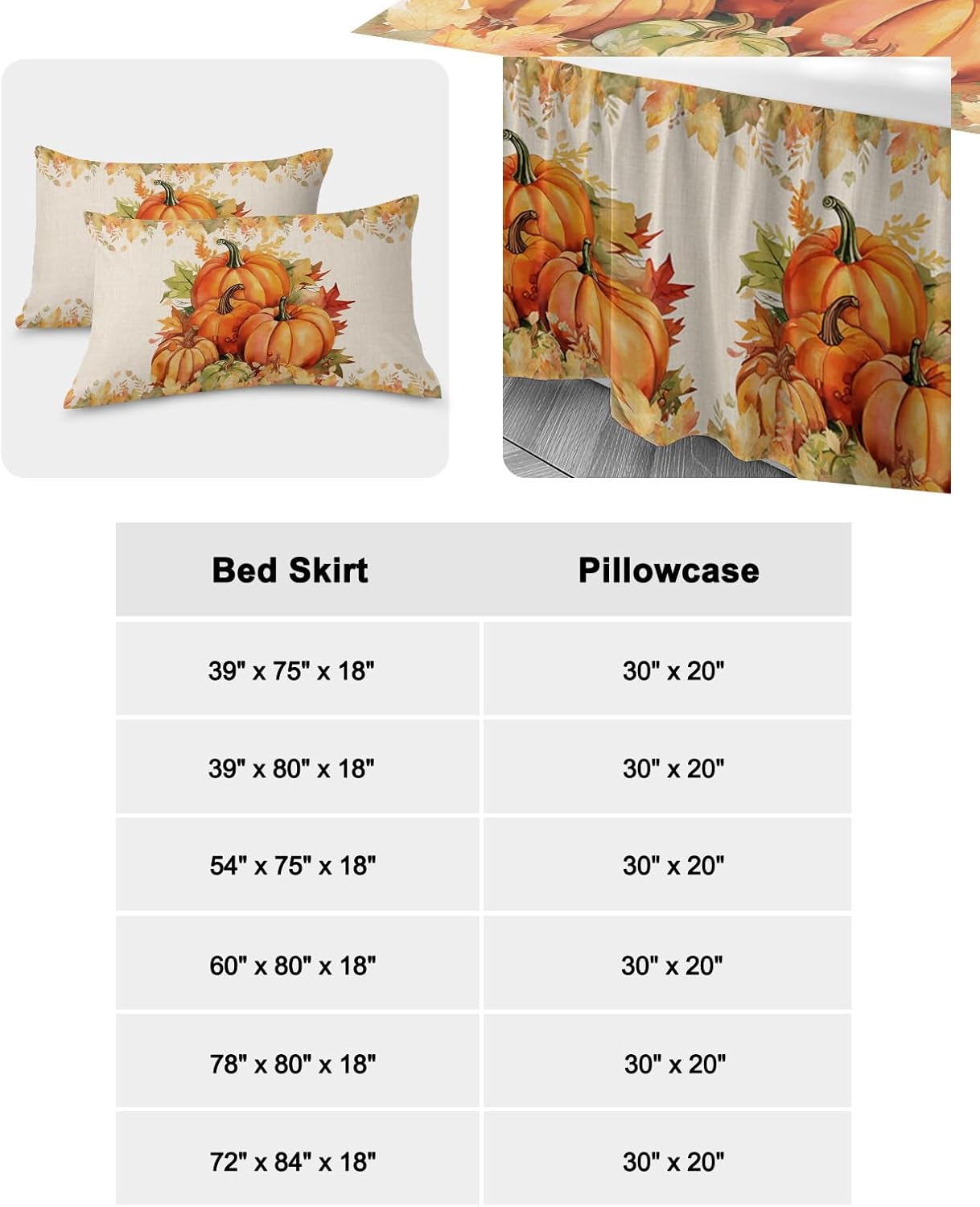 Faldas de cama de calabaza de otoño de Acción de Gracias, tamaño matrimonial de 18 pulgadas de caída, falda de cama envolvente, con volantes, colcha