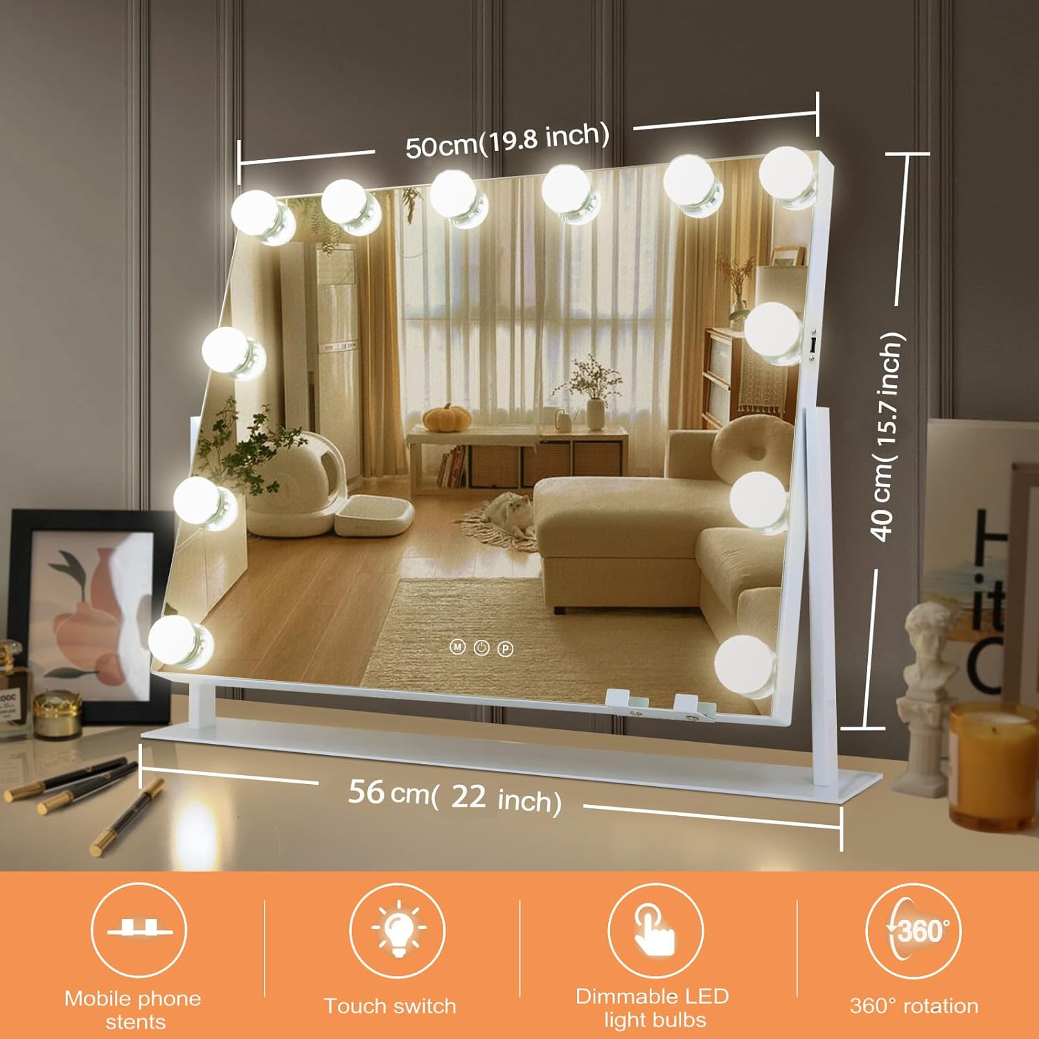 LuxeVue Espejo de tocador con luces, 19.6 x 15.7 pulgadas, 12 bombillas LED, espejo de maquillaje con luces, 3 modos de color desmontable, espejo de