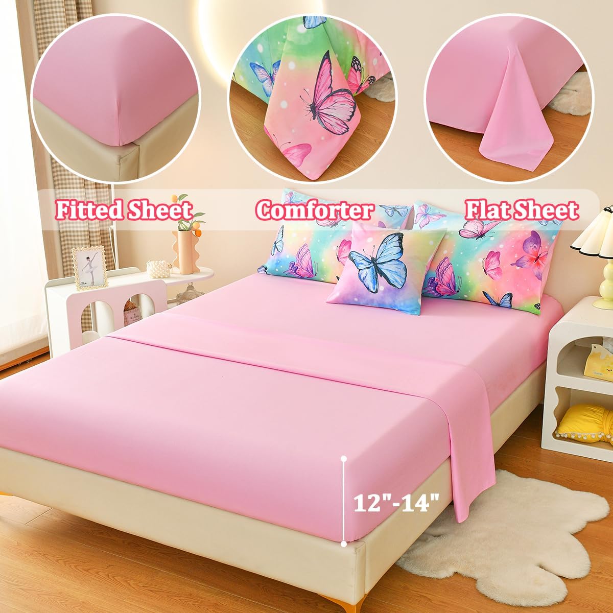 Tasselily Juego de ropa de cama de mariposa tamaño matrimonial, juego de edredón de mariposa rosa para niñas, niños y adolescentes, 6 piezas de cama