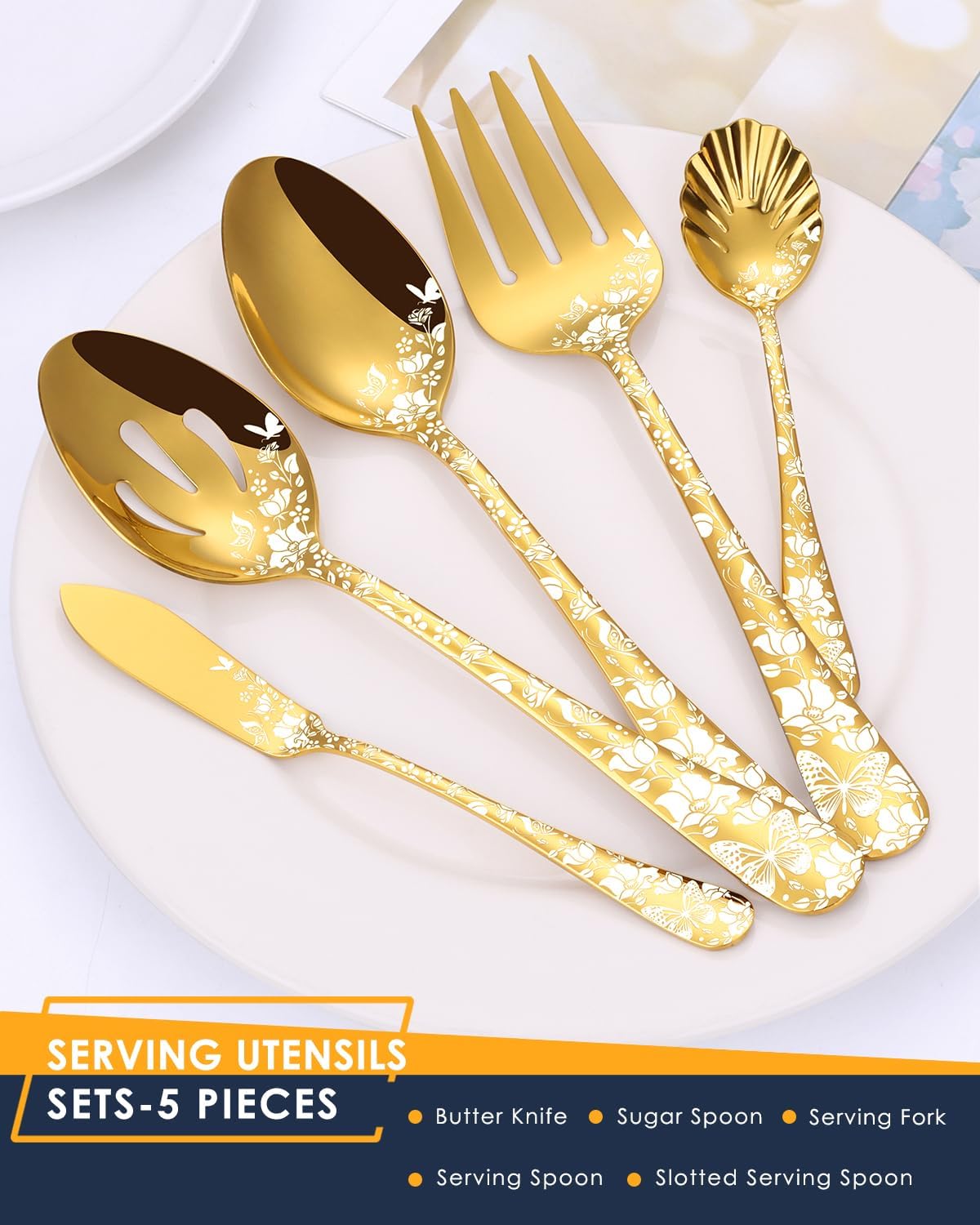 Stapava Juego de cubiertos dorados de 53 piezas con utensilios para servir, cubiertos dorados de acero inoxidable, utensilios para comer con espejo