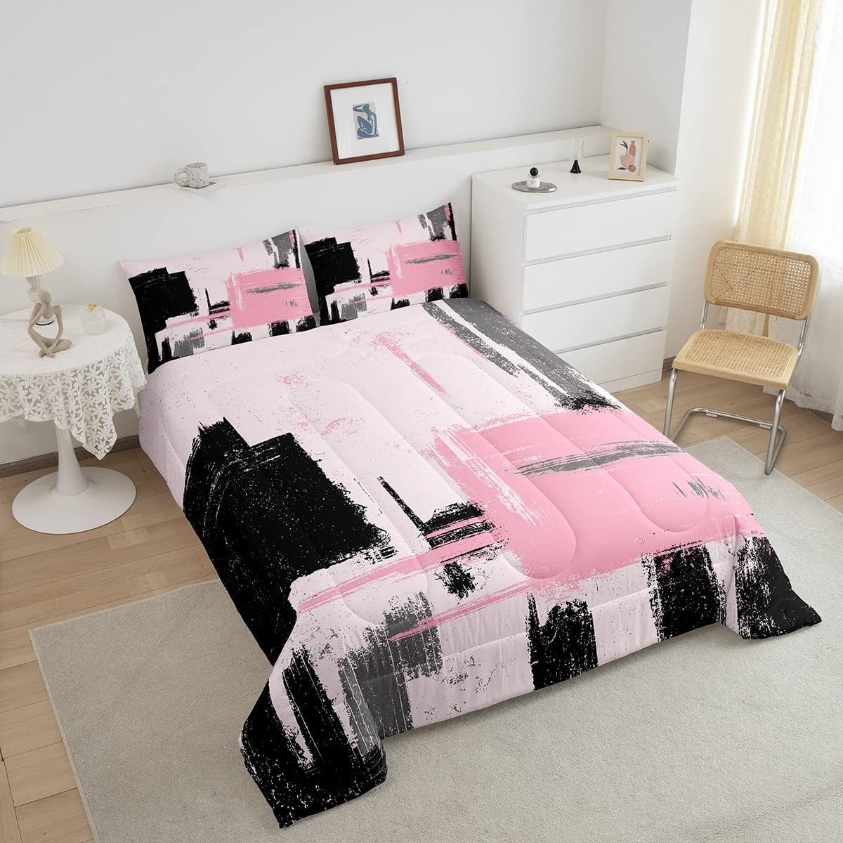 Feelyou Juego de edredón abstracto moderno de arte abstracto para niños y niñas, color rosa y negro, juego de ropa de cama para decoración de