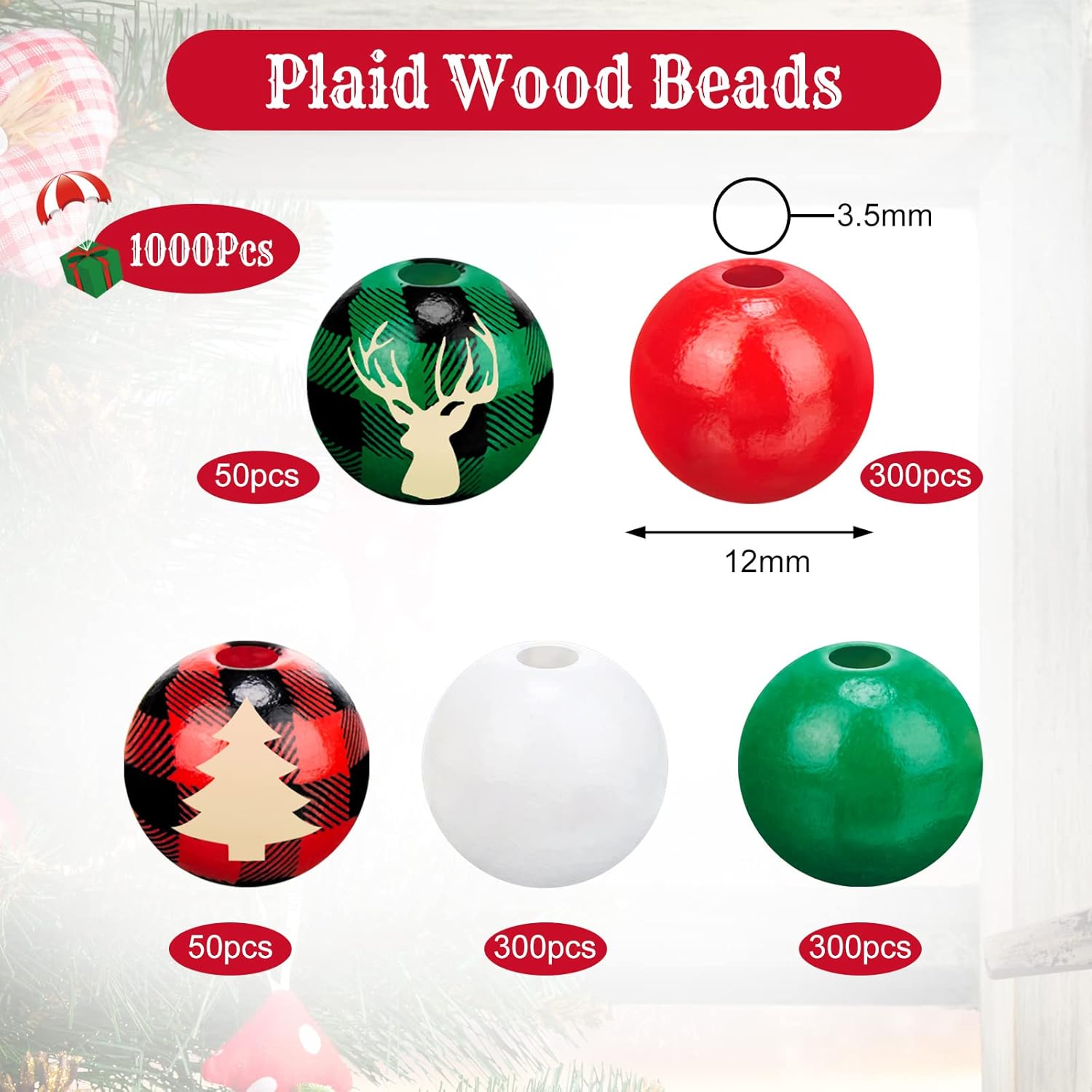 1000 cuentas de madera de 0.472 pulgadas (0.472 in), cuentas redondas de madera para manualidades, día de San Valentín, Navidad, joyería (rojo,