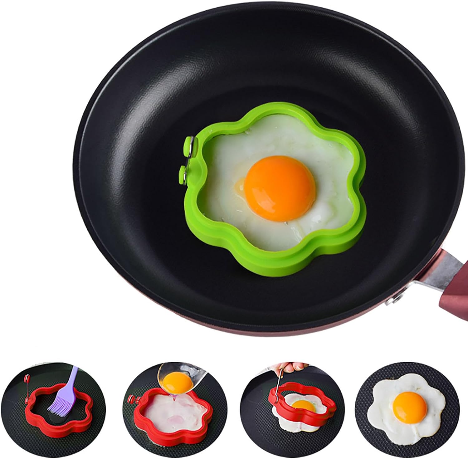 Moldes de silicona para huevos, paquete de 5 moldes reutilizables para huevos fritos con un cepillo de aceite, anillos de cocina antiadherentes,