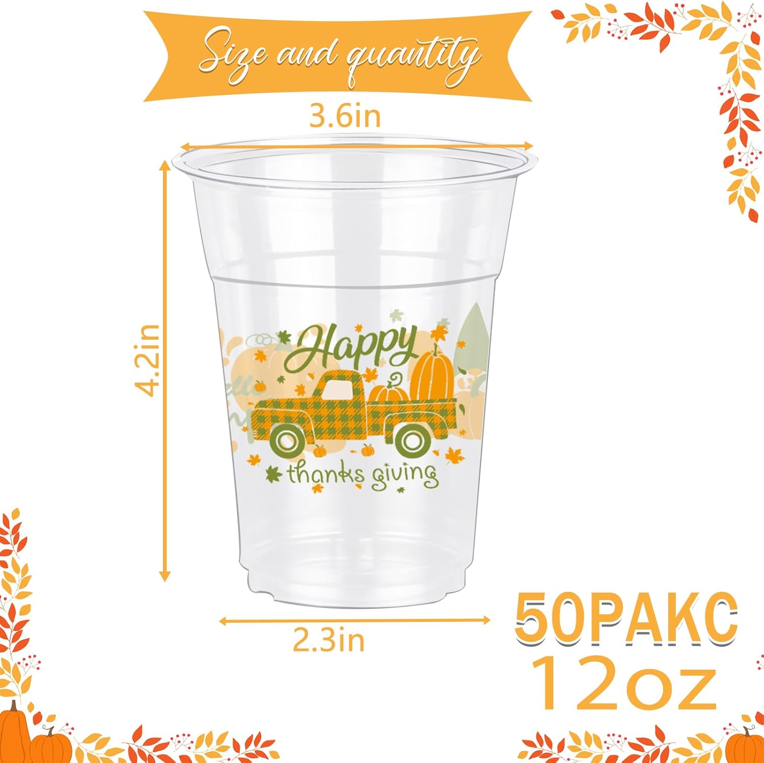 50 tazas de fiesta de otoño, 12 onzas, desechables de plástico transparente para Acción de Gracias, bebidas de cerveza, helado, aperitivos,