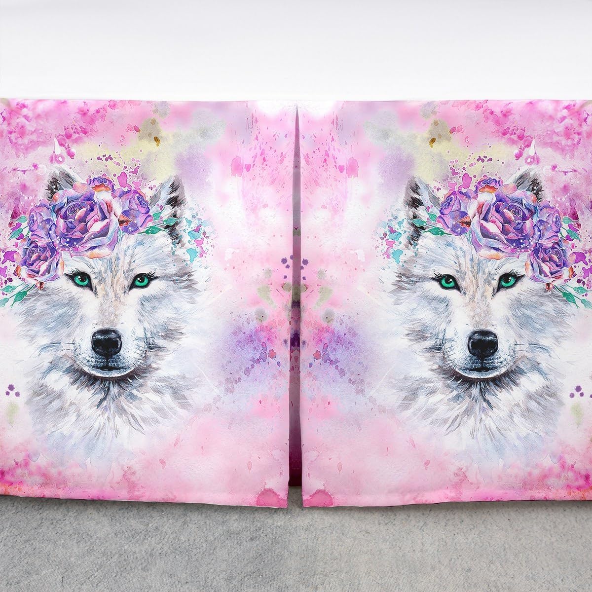 Falda de cama plisada con volantes y polvo de lobo, teñido anudado, estampado de lobo rosa, falda de cama tamaño Queen para niños y niñas,