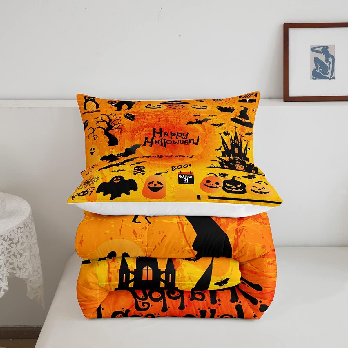 Juego de edredón con temática de Halloween para niños, ropa de cama de 3 piezas para adolescentes, niños y niñas, divertido juego de edredón de