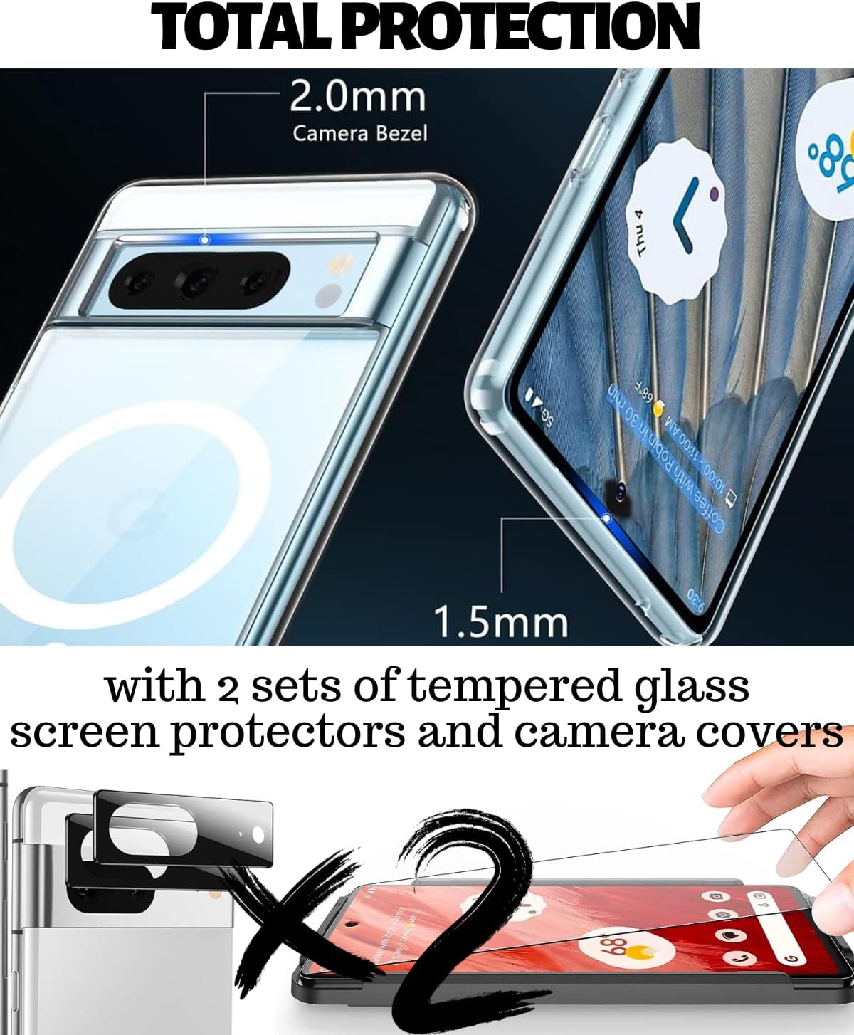 CaseBorne Funda compatible con Google Pixel 8 Pro, híbrida ultra transparente 5 en 1, antiamarilleo, magnética, con protector de pantalla y