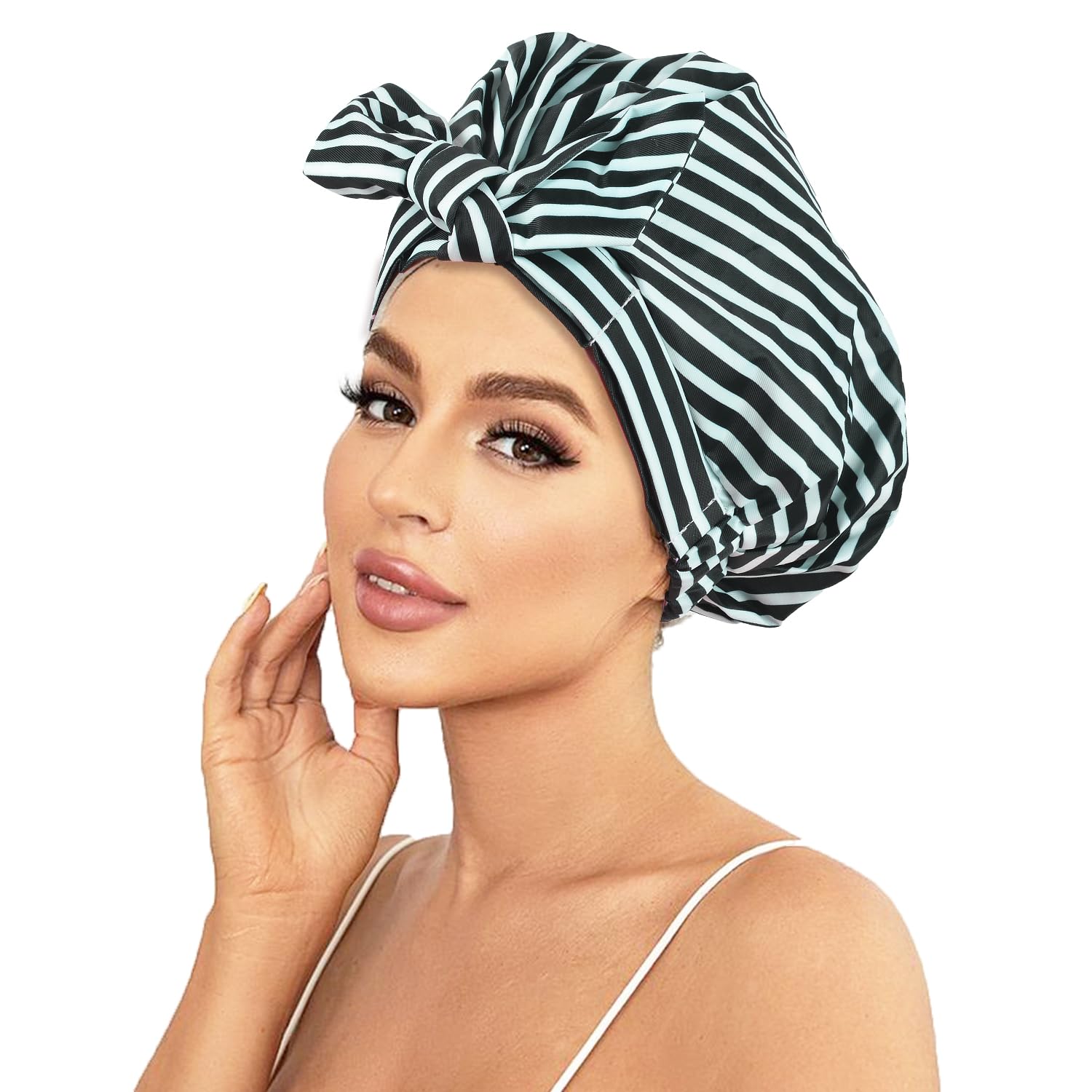Luvruitaky Gorro de ducha de lujo para mujer, reutilizable, impermeable, para ducha, con moño ajustable, gorro de baño (rayas negras)