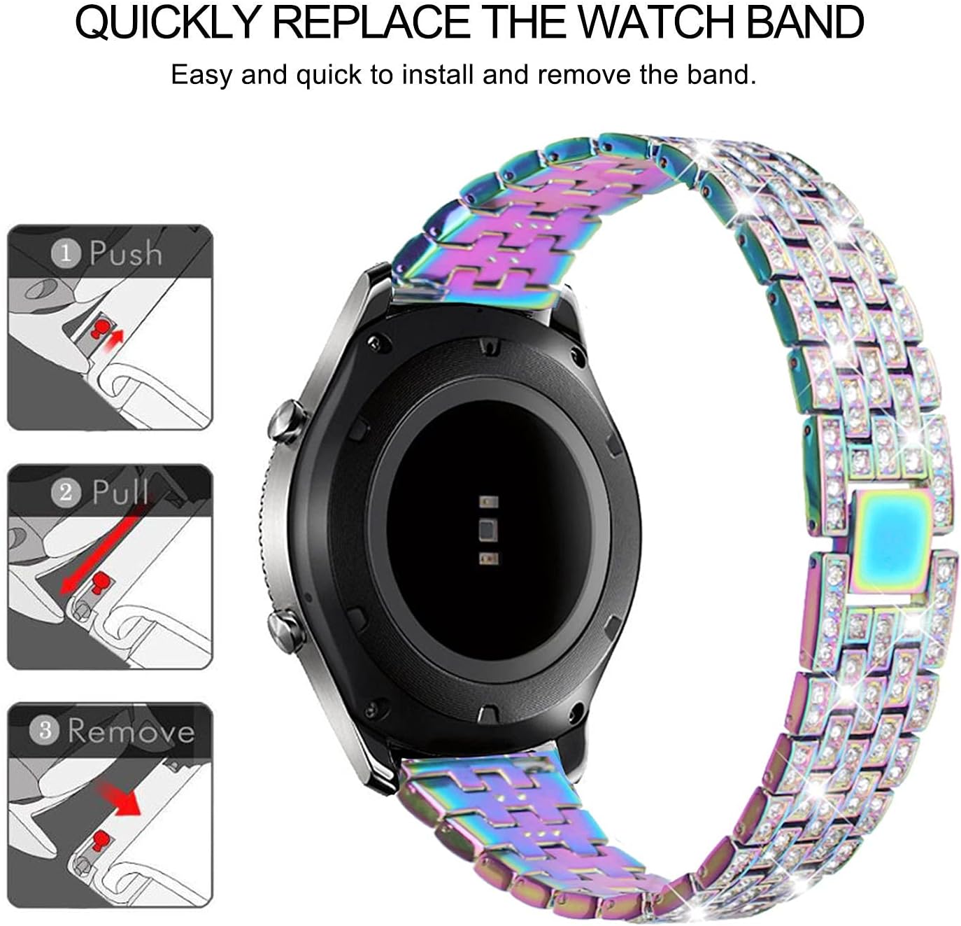 DEALELE Correas compatibles con Samsung Galaxy Watch 3 (1.772 pulgadas), correa de metal inoxidable con diamantes de imitación completos de 0.872
