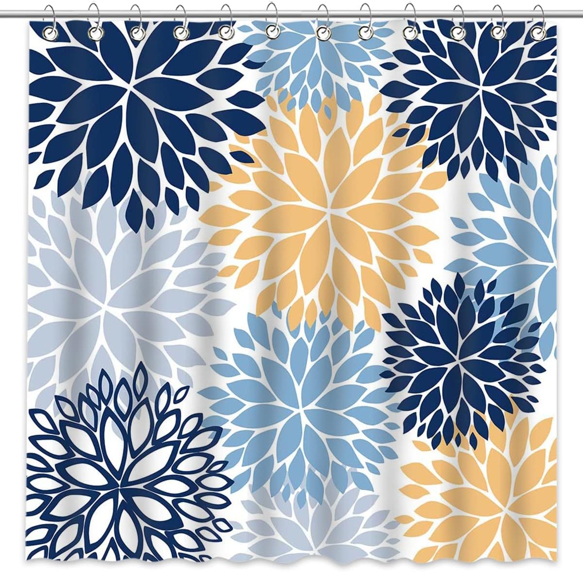 Mocsicka Cortina de ducha con flores de dalia azul, amarillo y azul marino, cortina de ducha floral de primavera para baño con 12 ganchos, 72 x 72