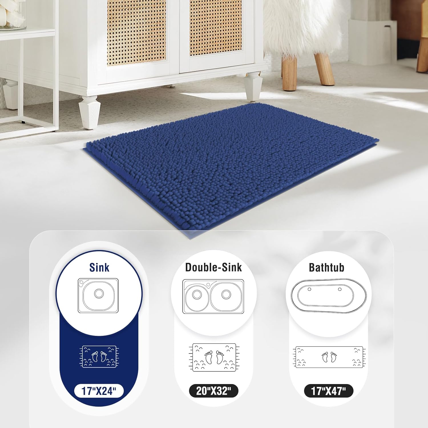 TECHMILLY Tapetes de baño de felpilla suave y esponjosa, antideslizantes, absorbentes, para baño, lavables y de secado rápido, color azul marino, 17