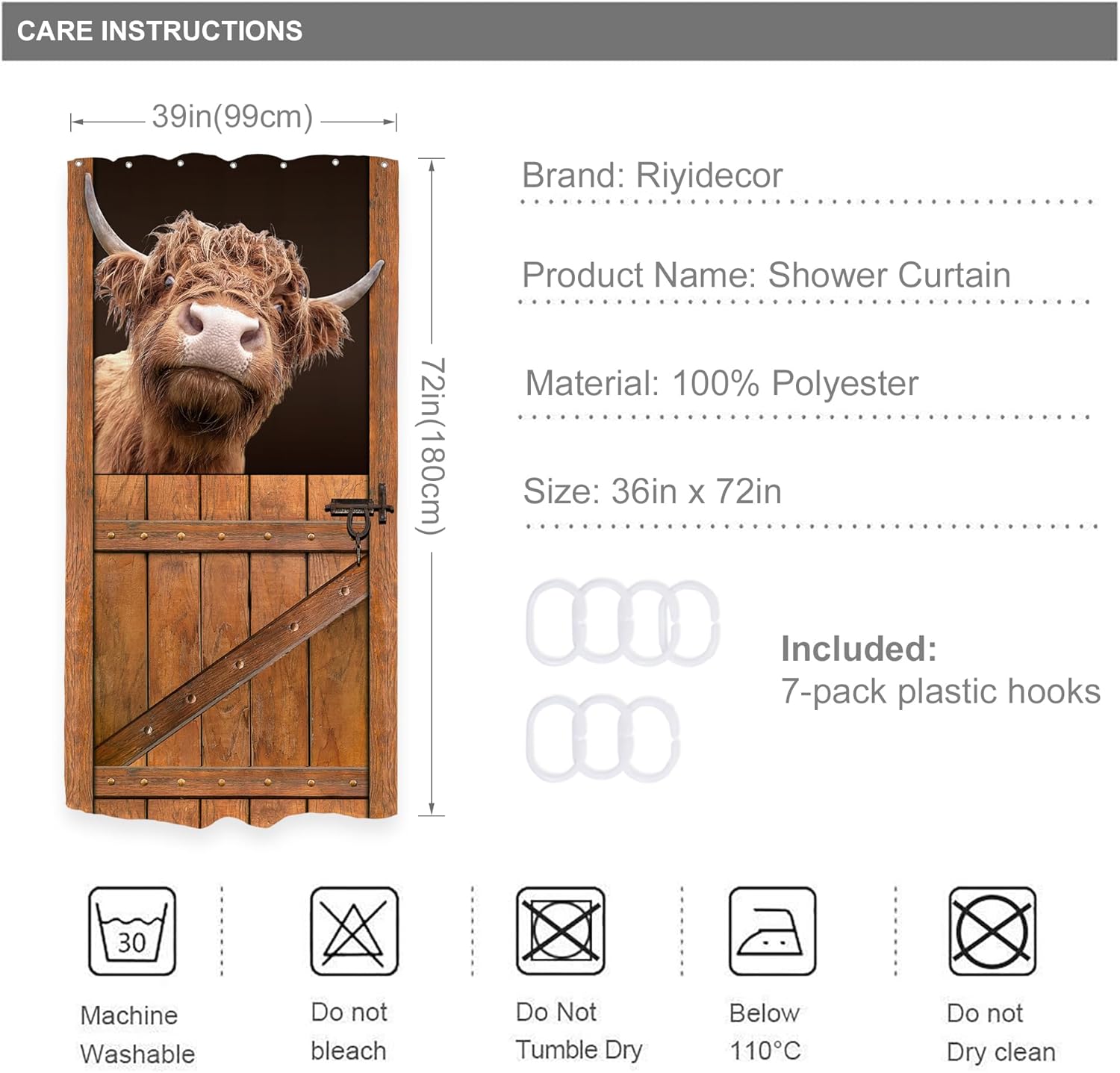 Riyidecor Stall – Cortina de ducha divertida de vaca de las tierras altas, 36 pulgadas de ancho x 72 pulgadas de alto, pequeñas cortinas rústicas