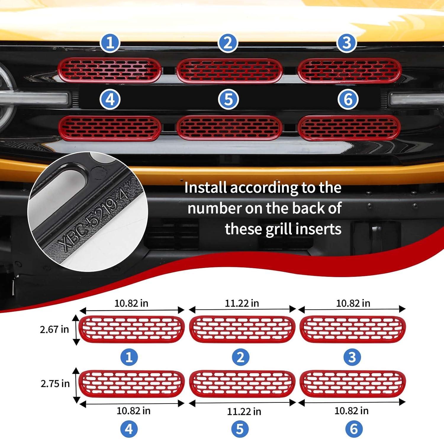 JeCar Insertos de rejilla delantera, marco de rejilla de malla, accesorios exteriores compatibles con Ford Bronco 2021-2023, rojo