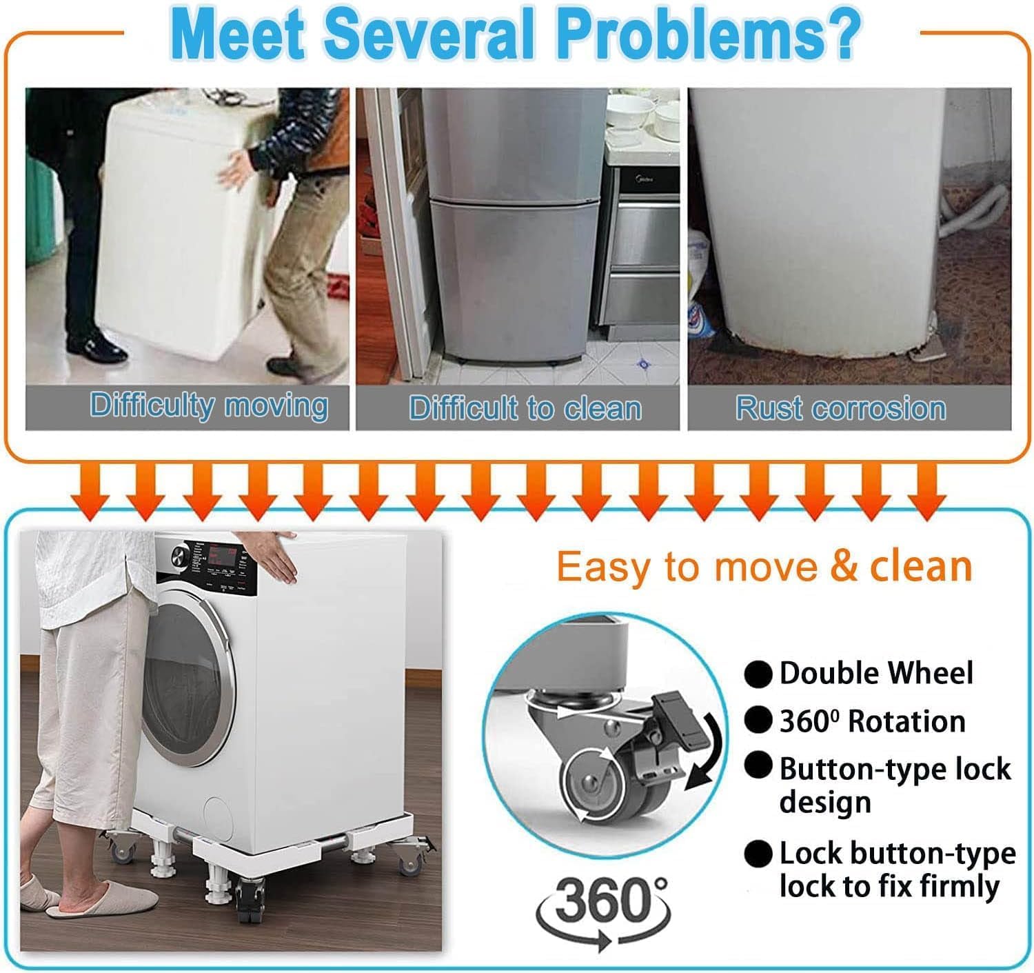 YOKEPO Base móvil para nevera mejorada con 4 ruedas de bloqueo y 4 pies fuertes de 16.5 a 25.6 pies ajustable para muebles para lavadora, secadora,