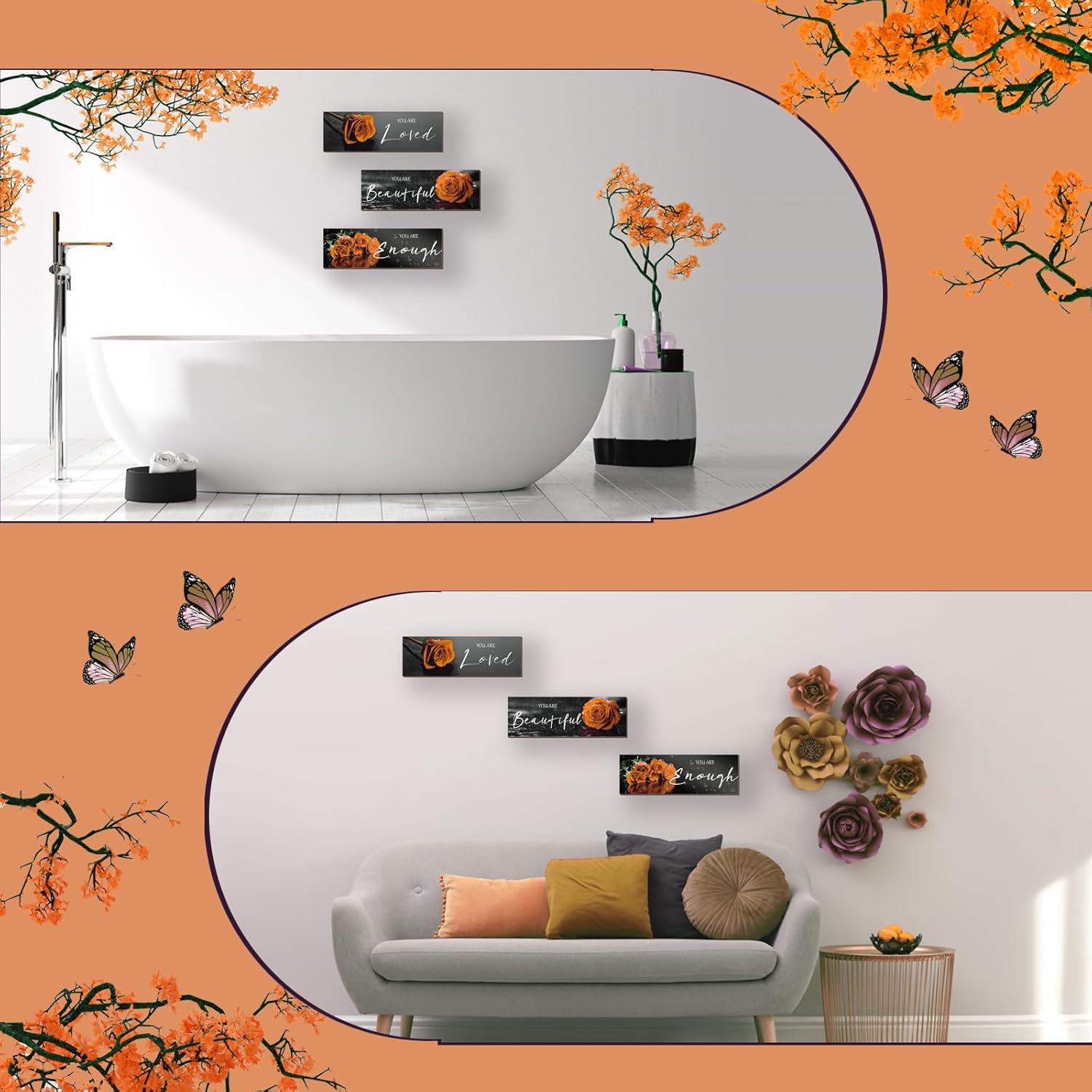 ZINYAZHE 3 piezas de decoración de pared naranja inspiradoras rosas naranjas decoración de baño, arte de pared de madera, citas positivas You Are