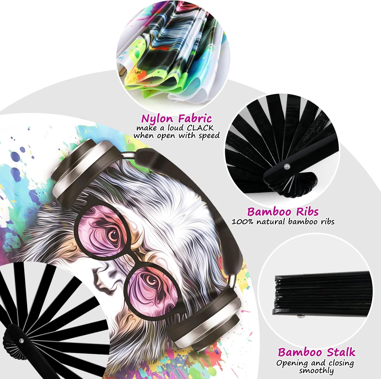 Ventilador de mano plegable grande para hombres y mujeres con bolsa de terciopelo, colorido ventilador UV brillante para fiestas de música
