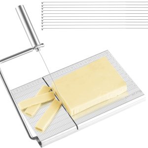 Cortador de queso con tabla para queso de bloque – Tabla de cortar queso ajustable resistente con 10 cables de repuesto – Escala precisa de acero Cortador de queso con tabla para queso de bloque – Tabla de cortar queso ajustable resistente con 10 cables de repuesto – Escala precisa de acero