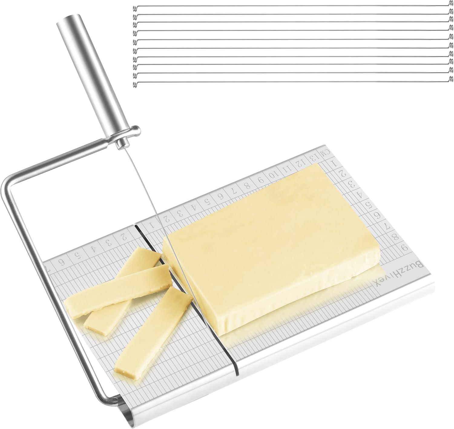 Cortador de queso con tabla para queso de bloque – Tabla de cortar queso ajustable resistente con 10 cables de repuesto – Escala precisa de acero