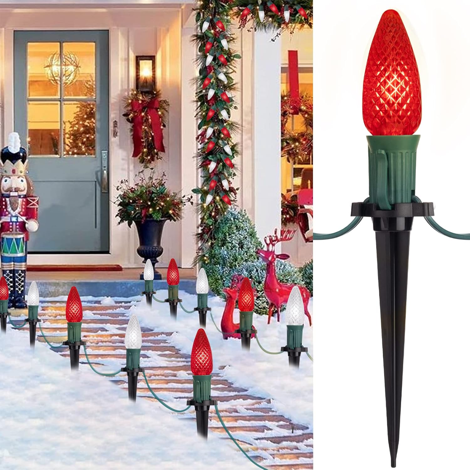 Luces LED C9 de Navidad para exteriores con estacas, 25.7 pies, 20 luces LED C9 de fresa, conectables, inastillables, marcador de luces de camino