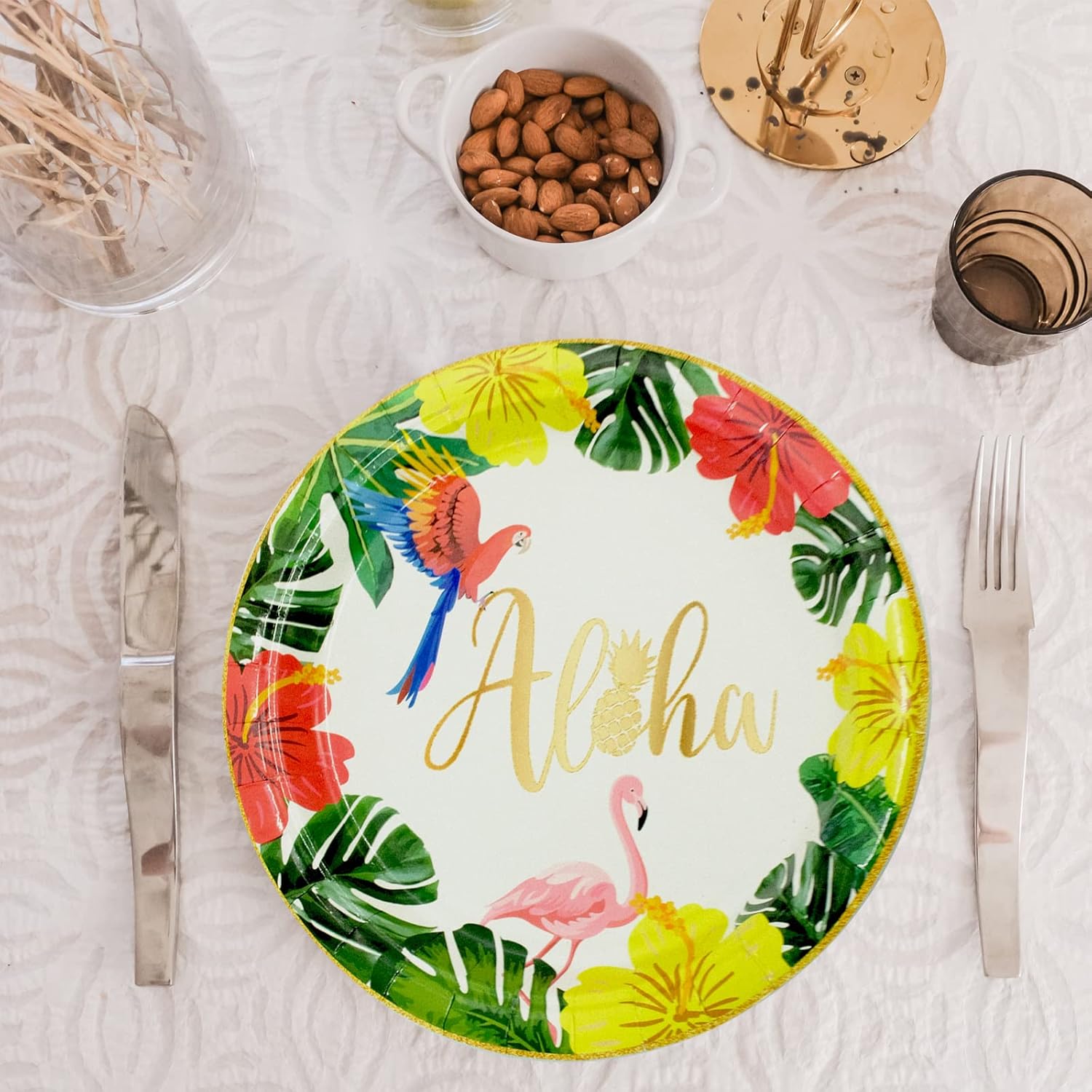 Juego de 100 platos de flamenco hawaiano Aloha de papel desechables de 7 pulgadas, platos de postre desechables Luau tropicales, suministros para