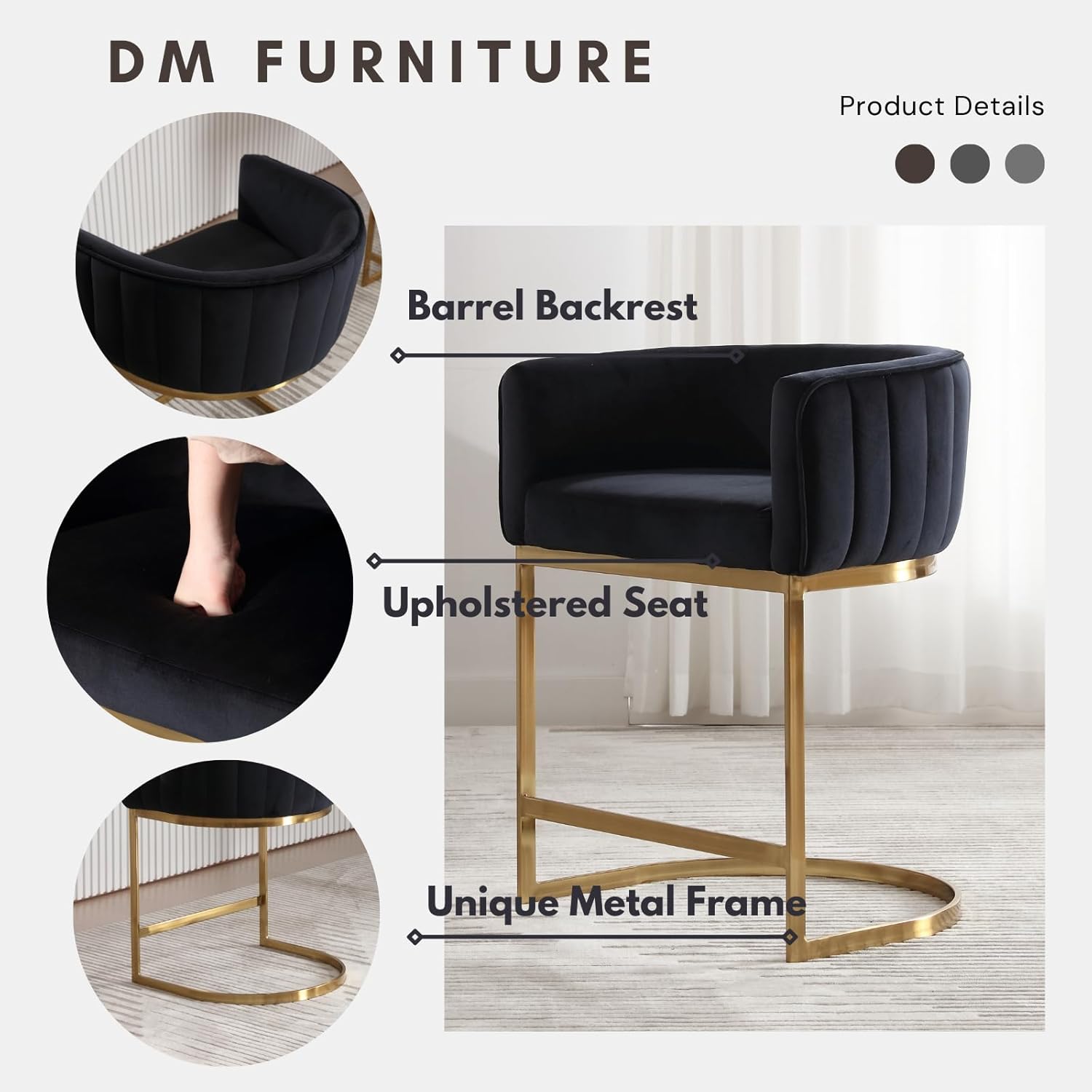 DM Furniture Taburetes de bar de 24 pulgadas de altura de mostrador para isla de cocina, moderna y cómoda, tapizada de terciopelo con brazo y patas