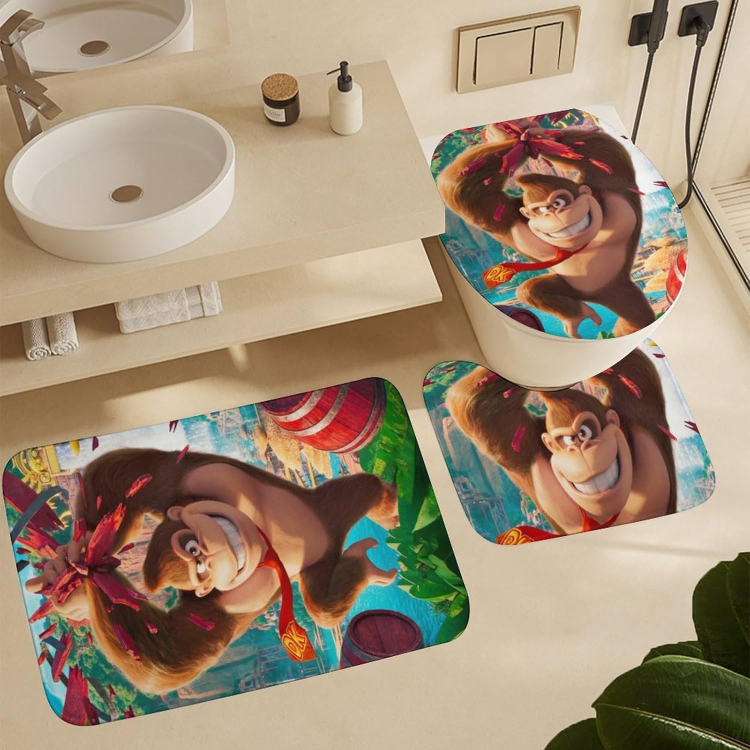 Awetmud Juego de cortina de ducha de juego de dibujos animados con alfombra antideslizante, cubierta de tapa de inodoro, tapete de baño, juego de