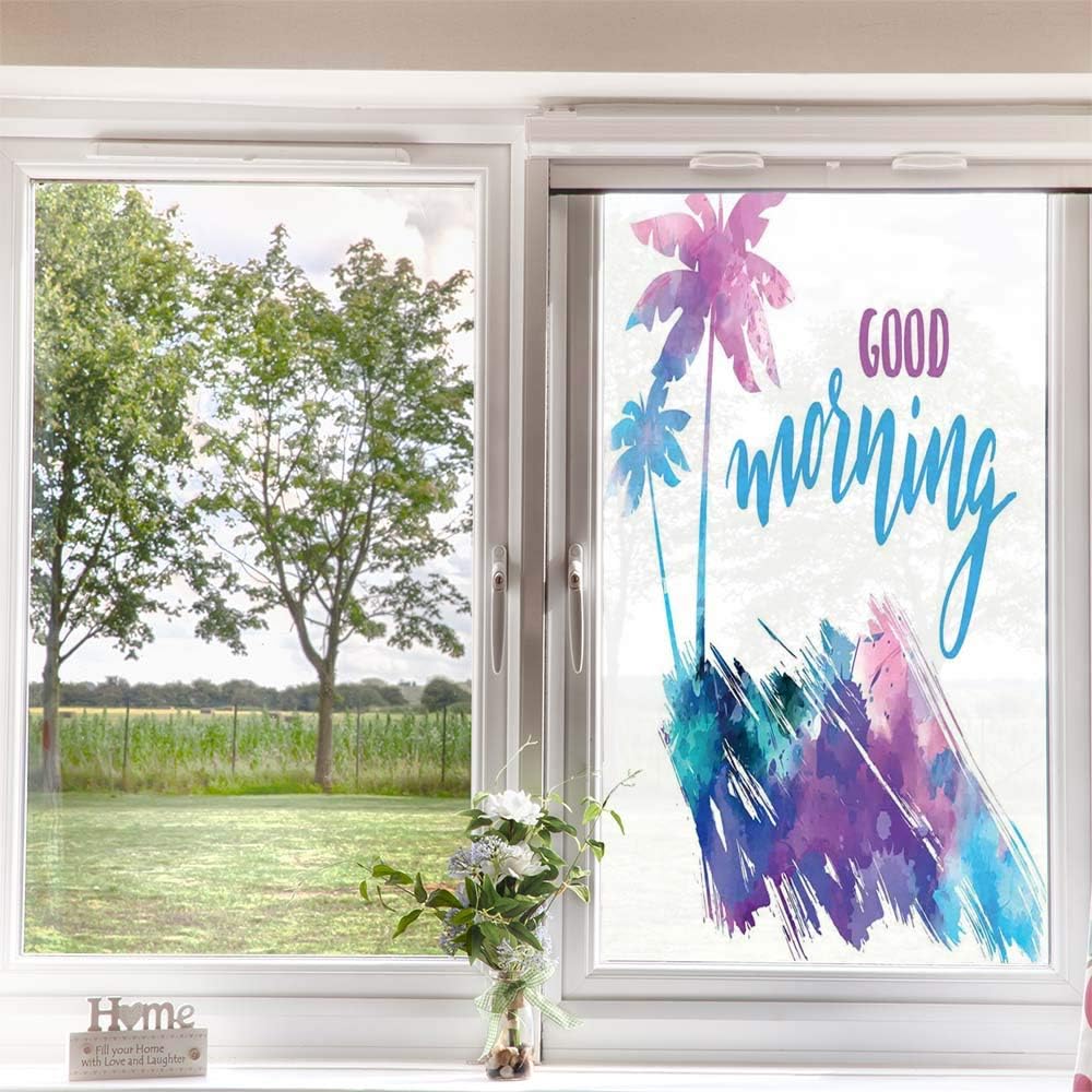 Película decorativa para ventana con texto en inglés “Saying Window”, decoración del hogar, palmeras tropicales hawaianas, diseño de acuarela y