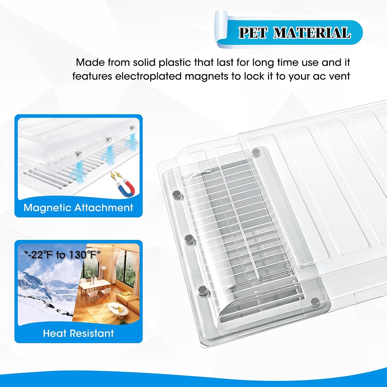 Touri Extensor magnético de ventilación para debajo de muebles, material PET grueso, se adapta a registros de piso de 10 a 12 pulgadas, se extiende