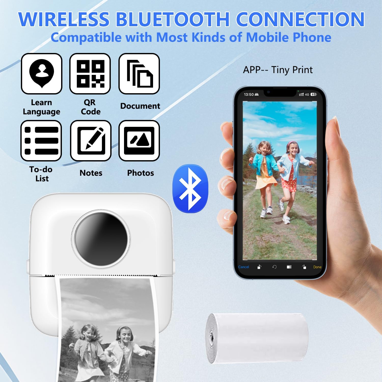 Mini impresora portátil, mini impresora de calcomanías Bluetooth, impresora térmica inteligente sin tinta de bolsillo para iOS y Android, impresora