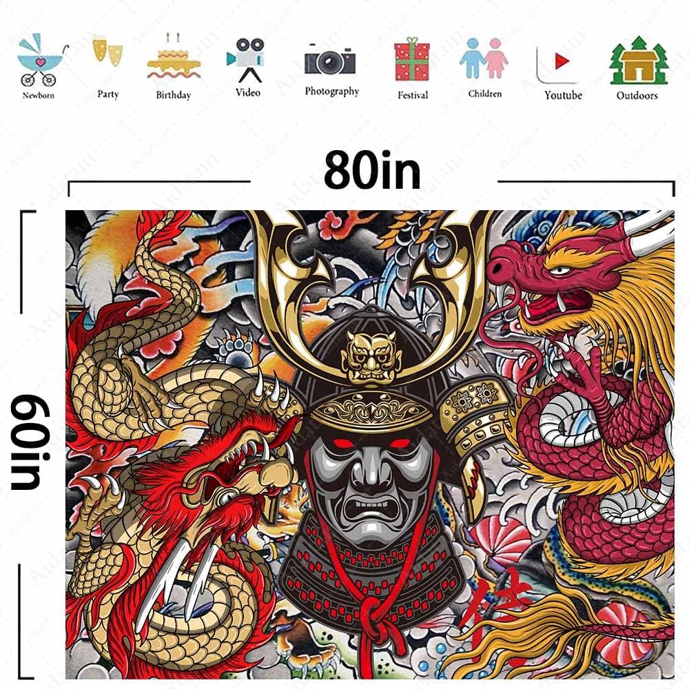 Aidatain Tapiz samurái japonés de anime Oni para colgar en la pared, diseño estético de dragón japonés de franela grande de 80 pulgadas y 60