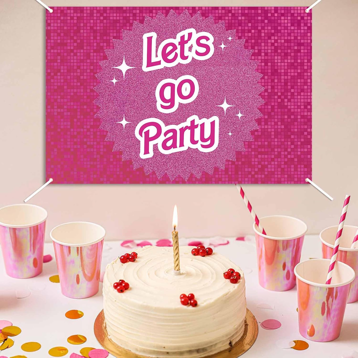 Decoraciones de fiesta de cumpleaños rosa intenso, pancarta de fondo de fiesta con purpurina de Let’s Go para decoración de fiesta de despedida de