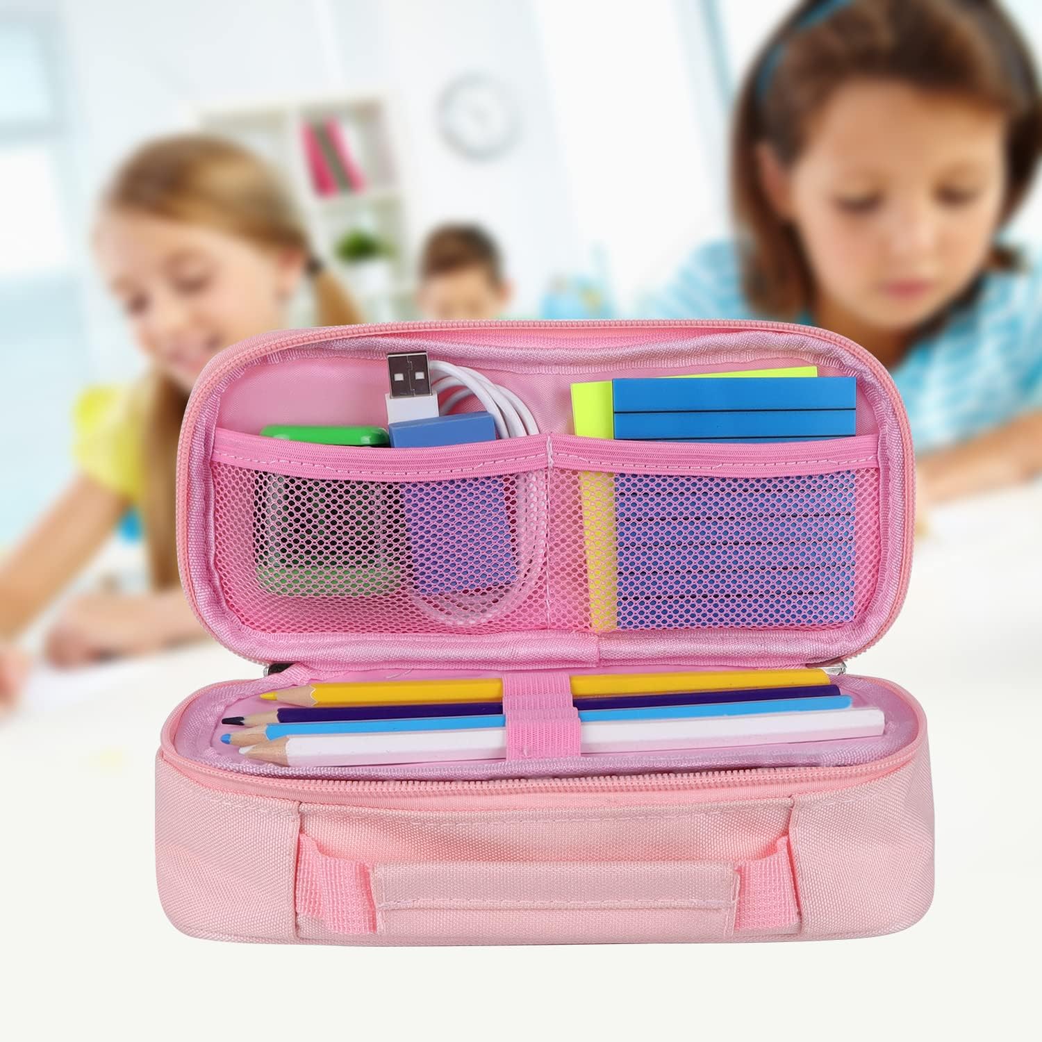 Estuche organizador portátil de color rosa para lápices, de gran capacidad, para adultos, adolescentes y estudiantes, ideal para uso en la oficina y