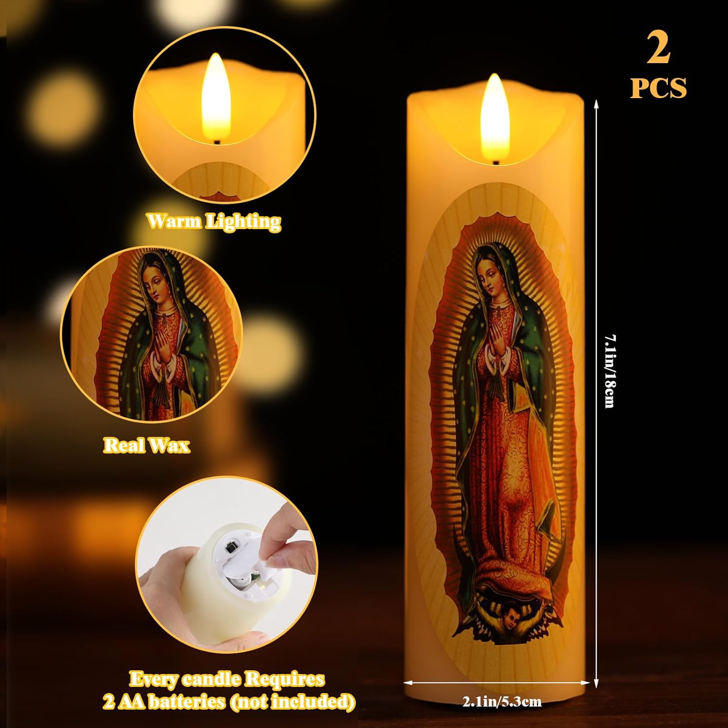 Juego de 2 velas LED de oración sin llama de Nuestra Señora de Guadalupe de cera real, velas religiosas de devoción, decoración religiosa, regalo