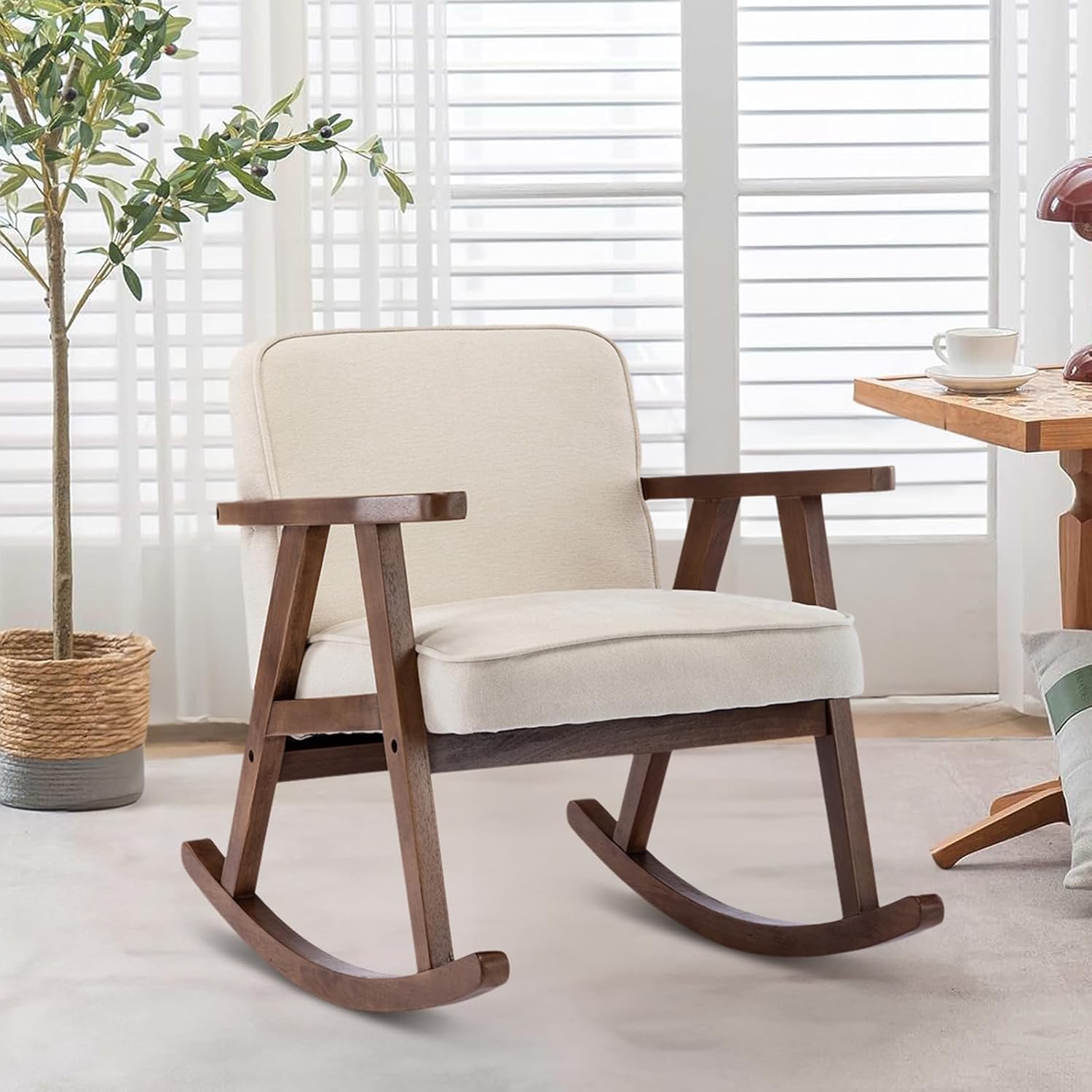 Mecedora, sillas decorativas modernas de mediados de siglo, cómoda silla tapizada con brazo deslizante con madera maciza para sala de estar,