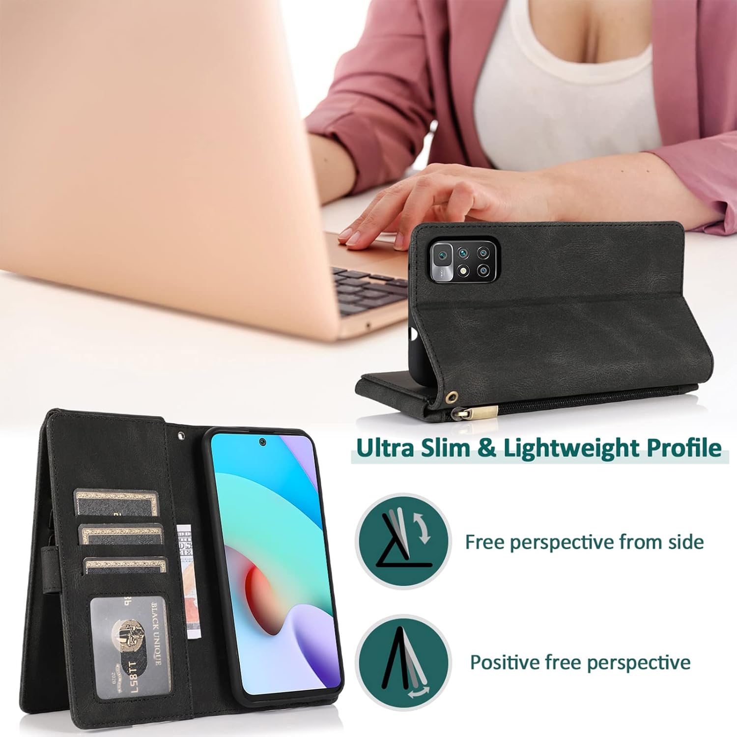Asuwish Compatible con Xiaomi Redmi 10Redmi10 Prime – Funda tipo cartera de vidrio templado, protector de pantalla con cremallera, funda de cuero