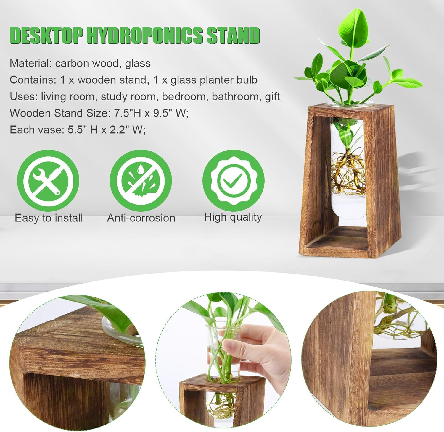 Jarrón de tubo de ensayo de vidrio transparente para terrario de plantas, con soporte de madera maciza retro de rombo, estación de propagación de