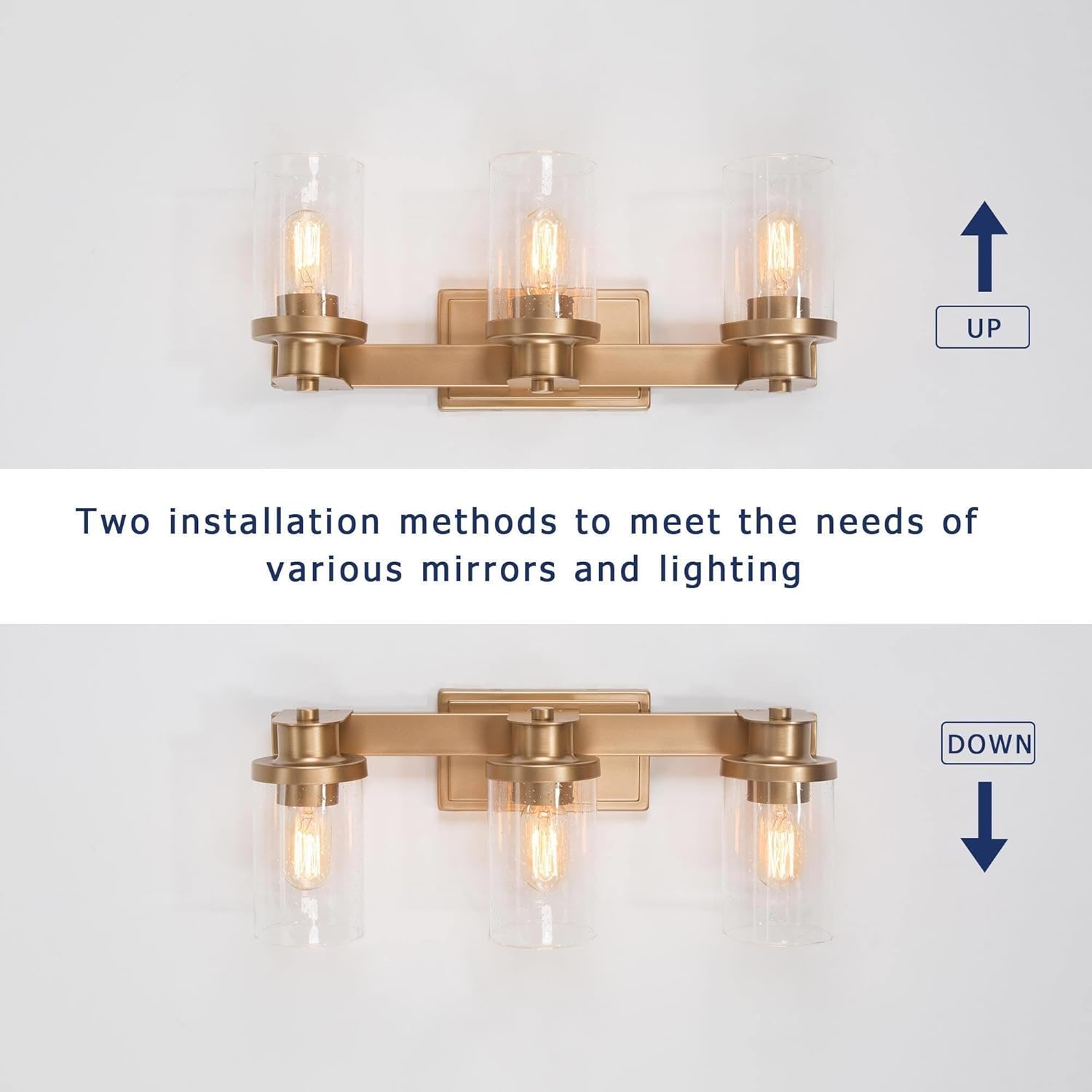 Lámparas de baño doradas, 3 luces de tocador para baño con pantalla de vidrio sembrado, modernas luces de tocador de baño de granja sobre espejo