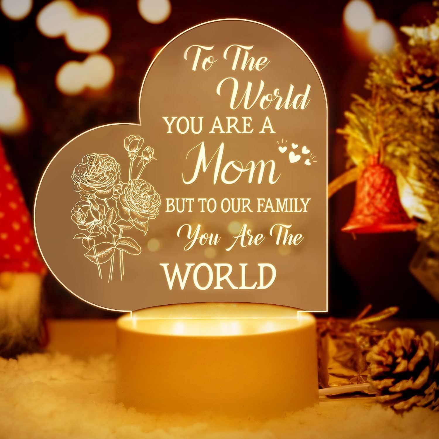Regalos para mamá de hija hijo, regalos de cumpleaños para madres, 3 modos de luz, luz nocturna, alimentación USB, luz de corazón transparente,