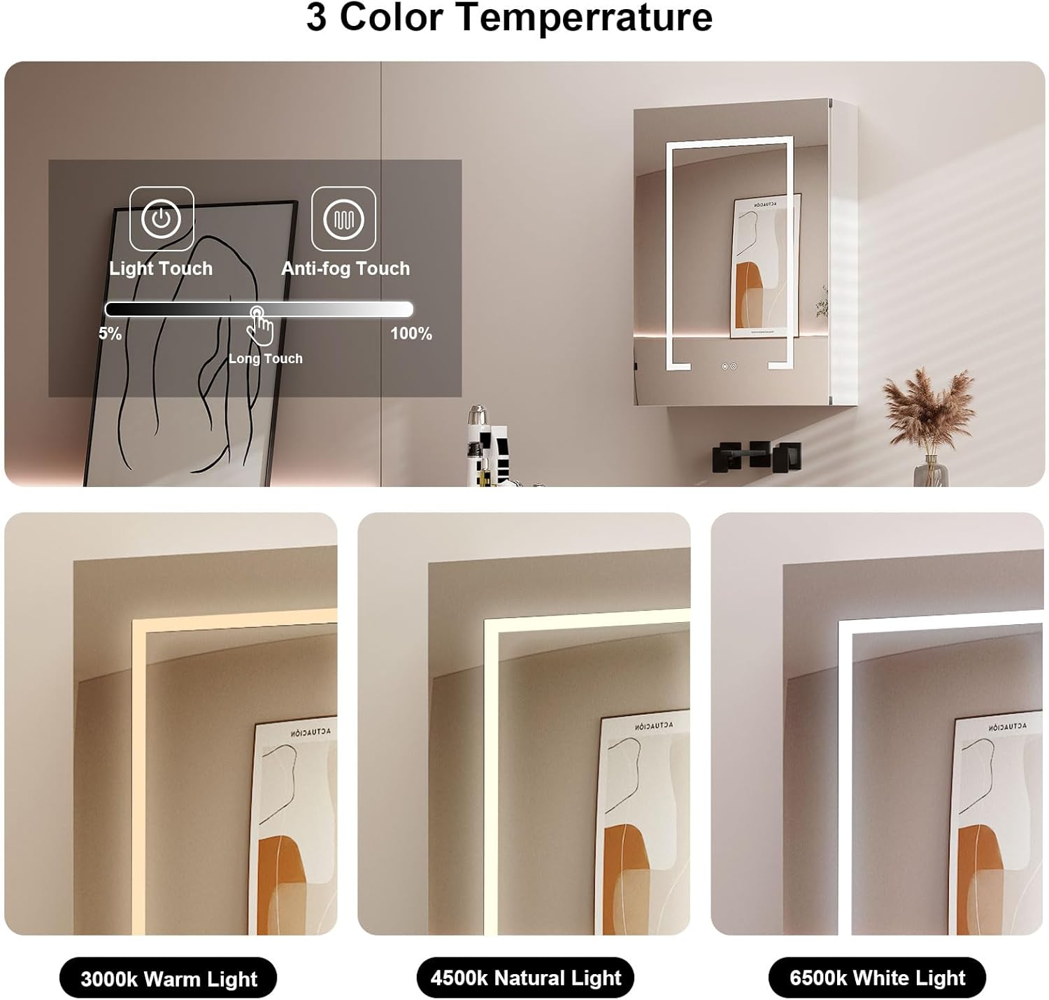 Botiquín, montado en la pared, baño, luces LED, marco de aluminio, 20×28 pulgadas, desempañador, almacenamiento