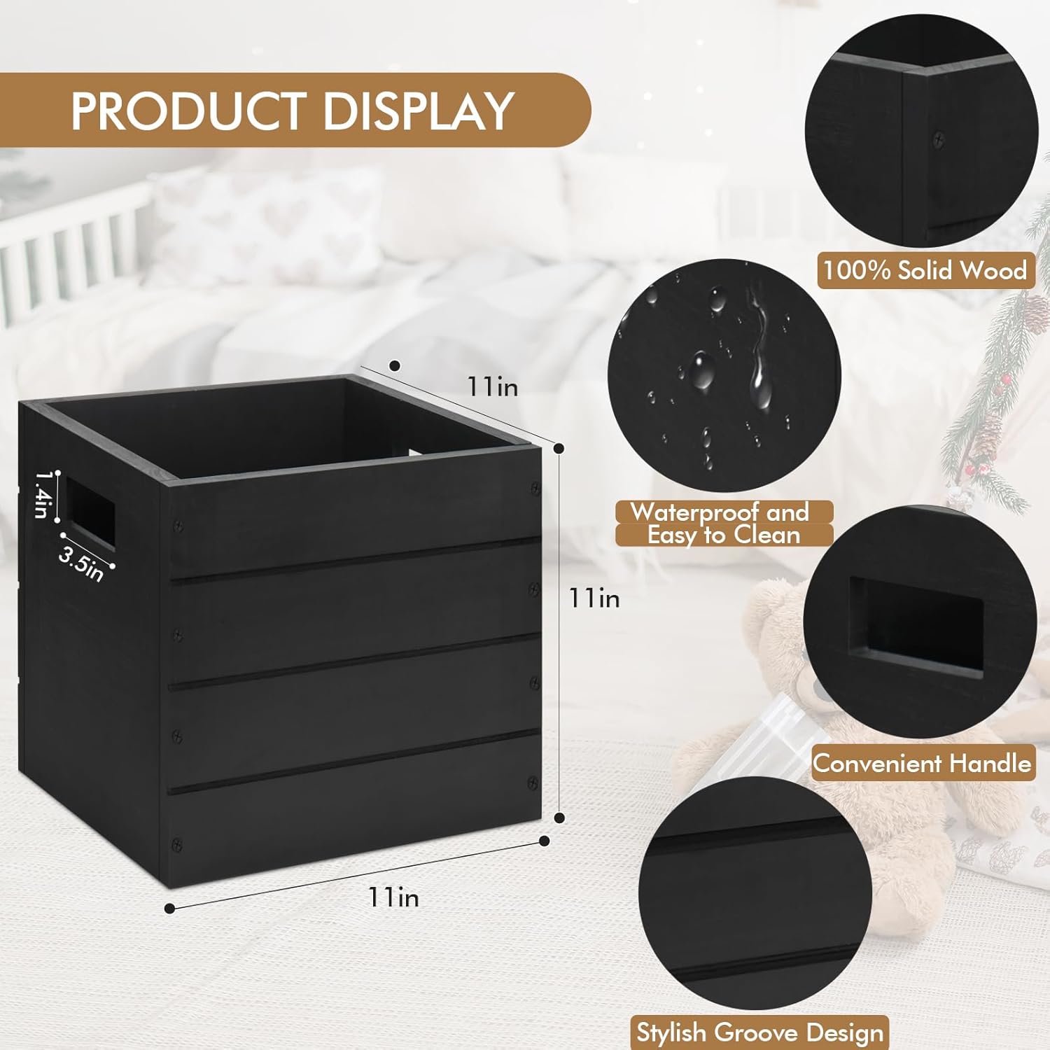 Y&ME YM Caja de madera con asas, cajas de almacenamiento de madera, organizador de cubos de madera decorativo rústico para juguetes y accesorios