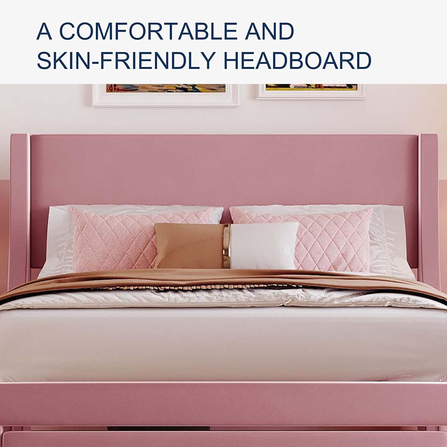 Base de cama tapizada de terciopelo de tamaño matrimonial con un gran cajón de almacenamiento y cabecera copetuda, soporte de listones de madera