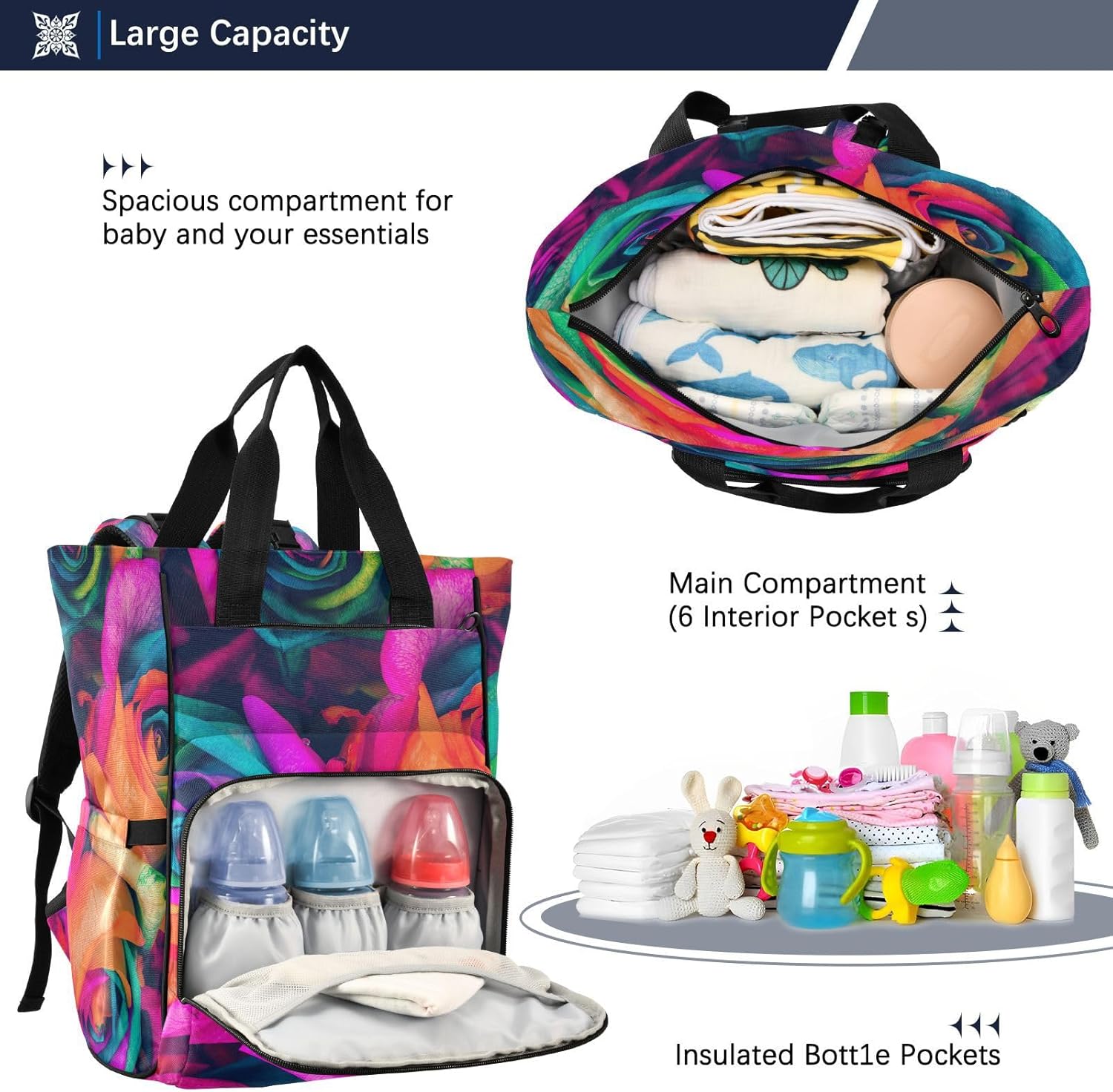 Mochila para pañales con diseño de rosas y flores arcoíris, bolsa de bebé grande, mochila de viaje multifuncional, bolsa de pañales de maternidad