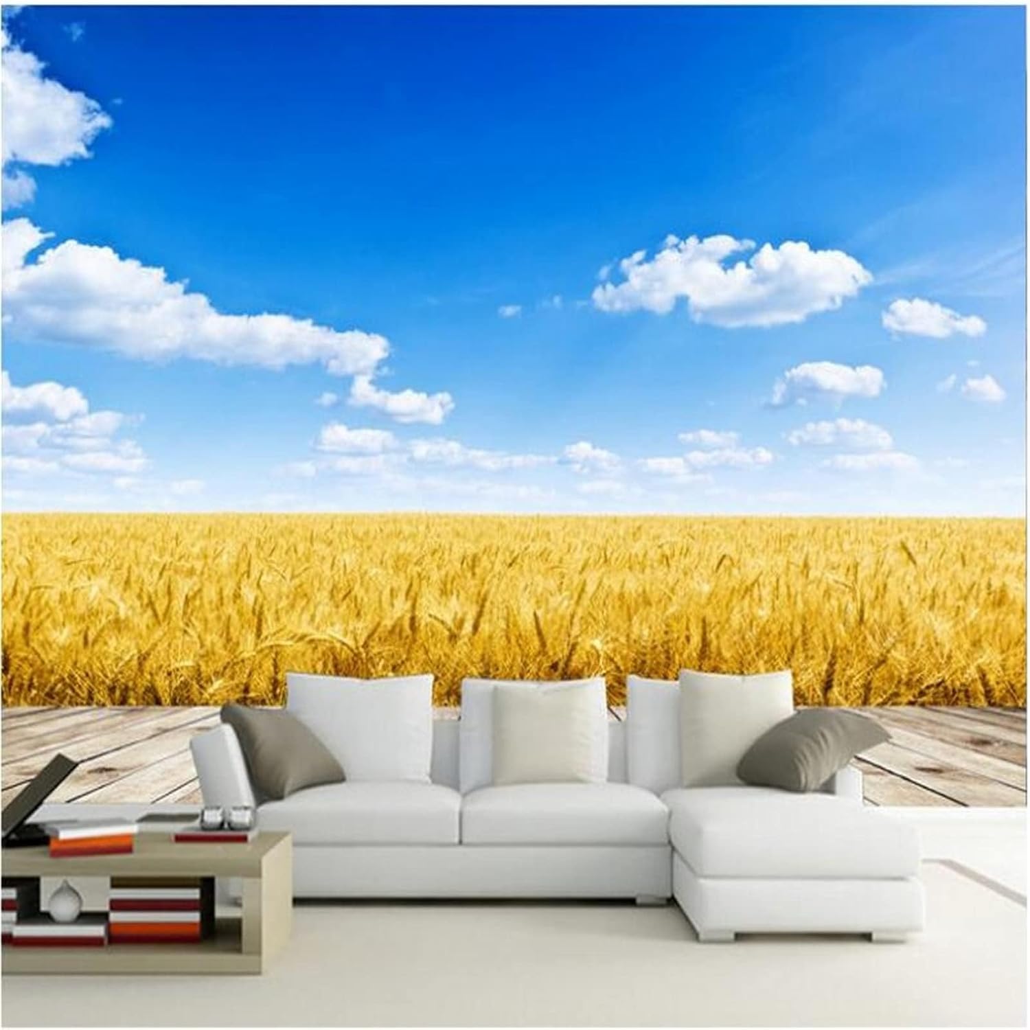 Papel tapiz de campo de trigo dorado, nubes blancas cielo, mural de pared grande 3D, autoadhesivo extraíble para despegar y pegar, calcomanía de