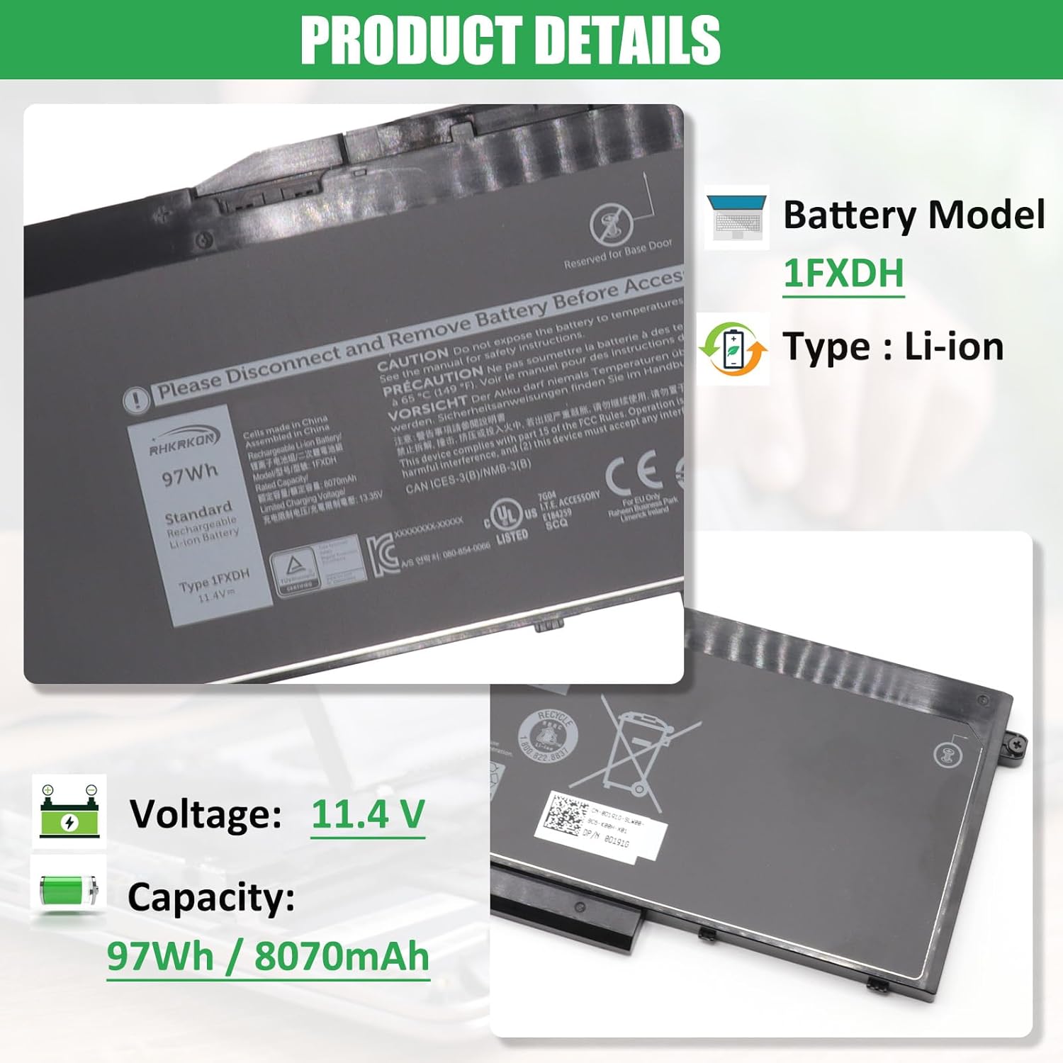 1FXDH – Batería de repuesto para laptop Dell Latitude 15 5501 5511 E5501 E5511 Precision 3541 3551 Series Notebook 01WJT0 1WJT0 0D191G D191G