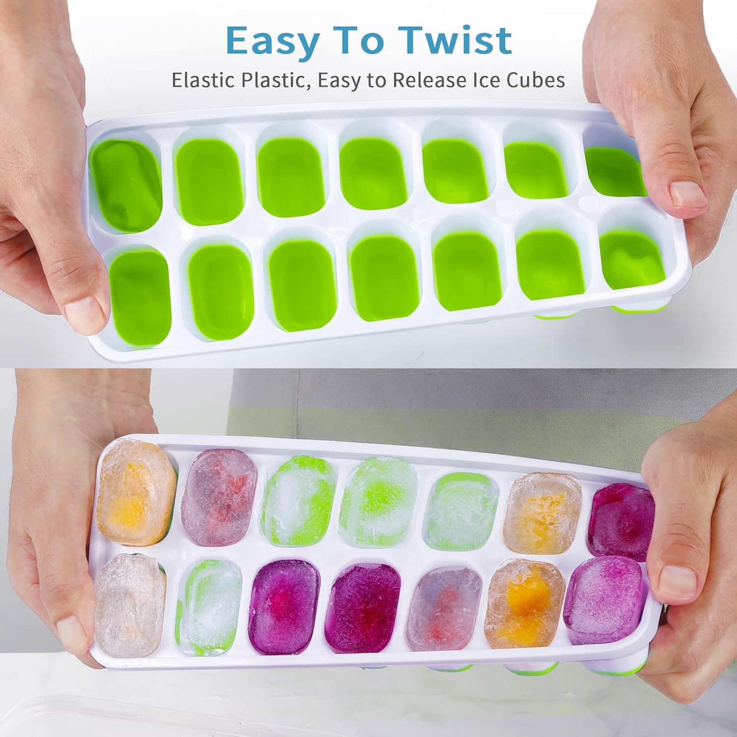 ARTLEO Bandeja para cubitos de hielo con tapa y contenedor, bandejas para cubitos de hielo de silicona y plástico de fácil liberación y contenedor