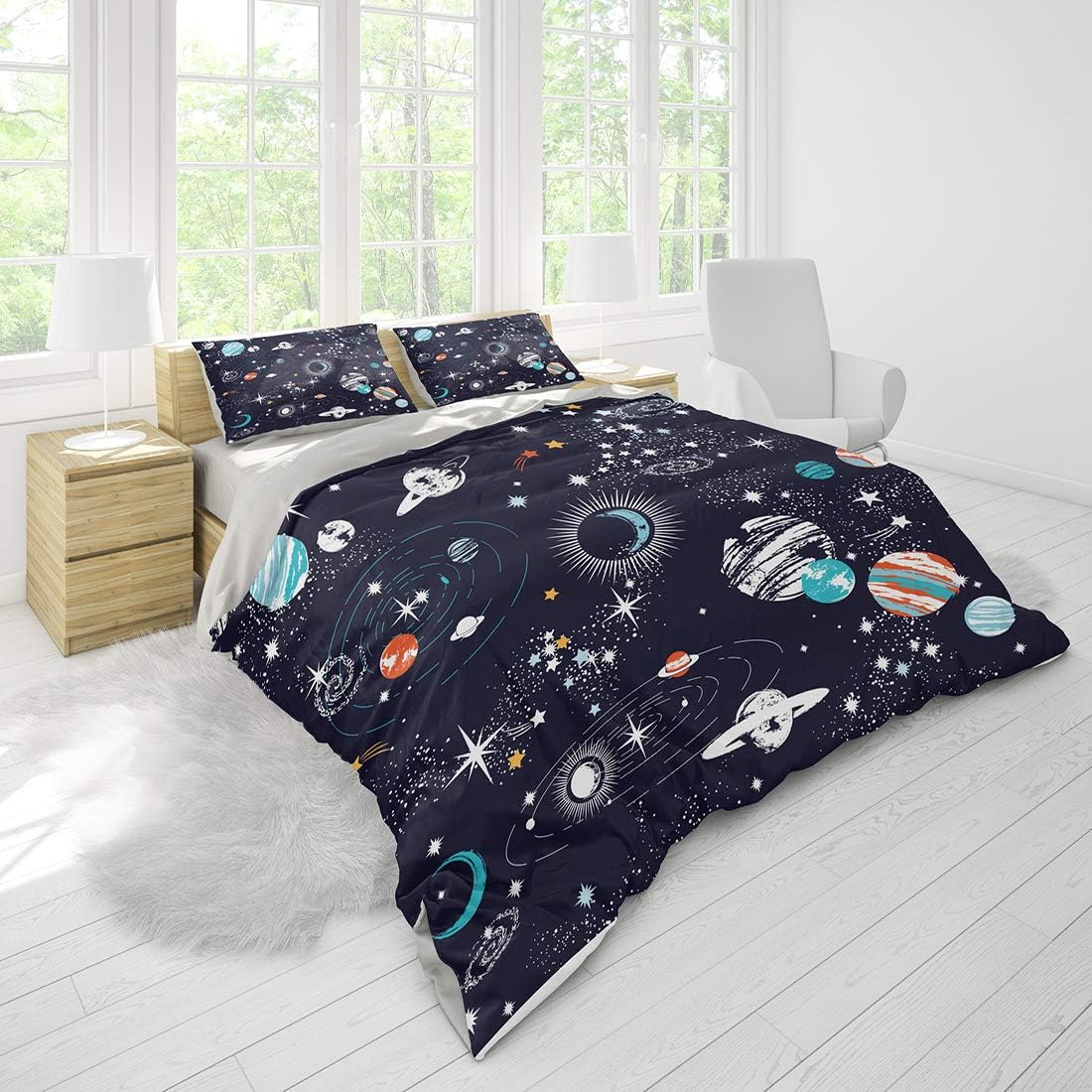 SHOMPE Galaxy Space – Juego de funda de edredón para niños, tamaño King, color azul marino, universo de aventura, estrellas, juego de ropa de cama