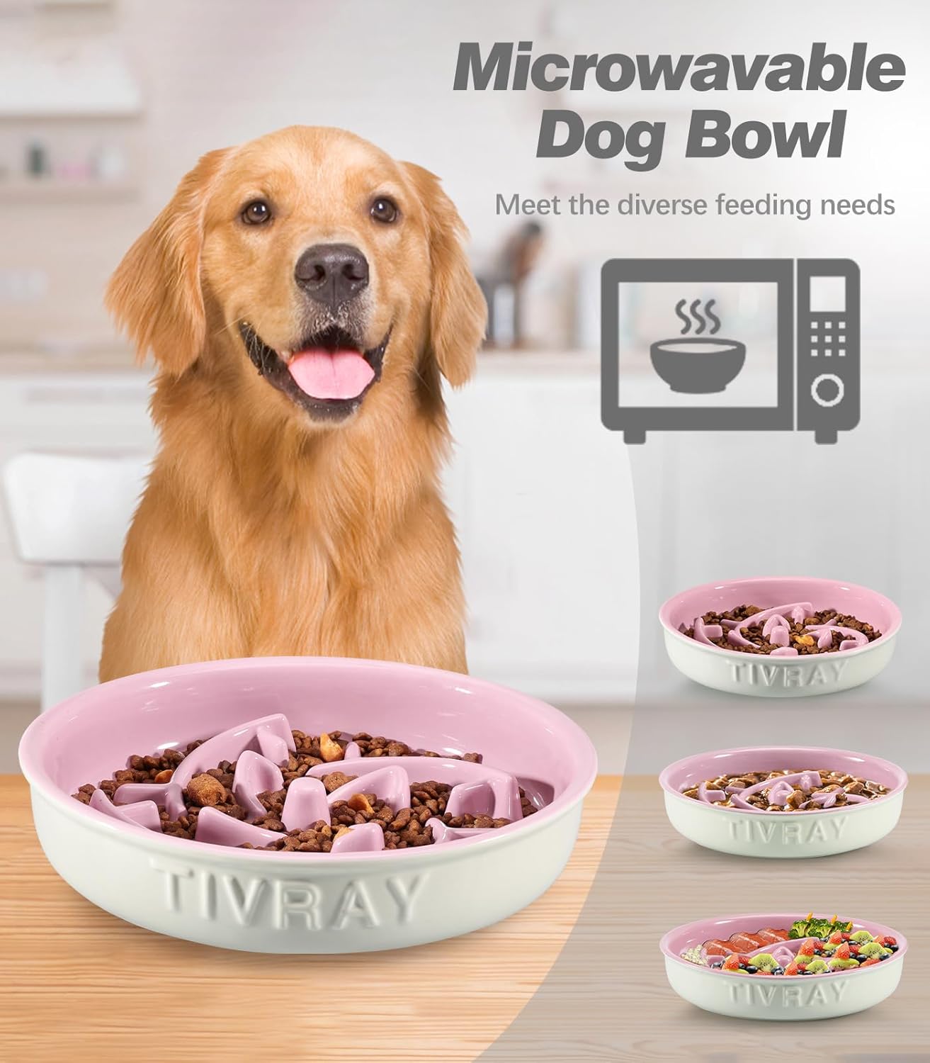 Tivray Cuenco para perros de razas grandes, cerámica, alimentador lento, 3 tazas, antideslizante, pesado, apto para horno microondas