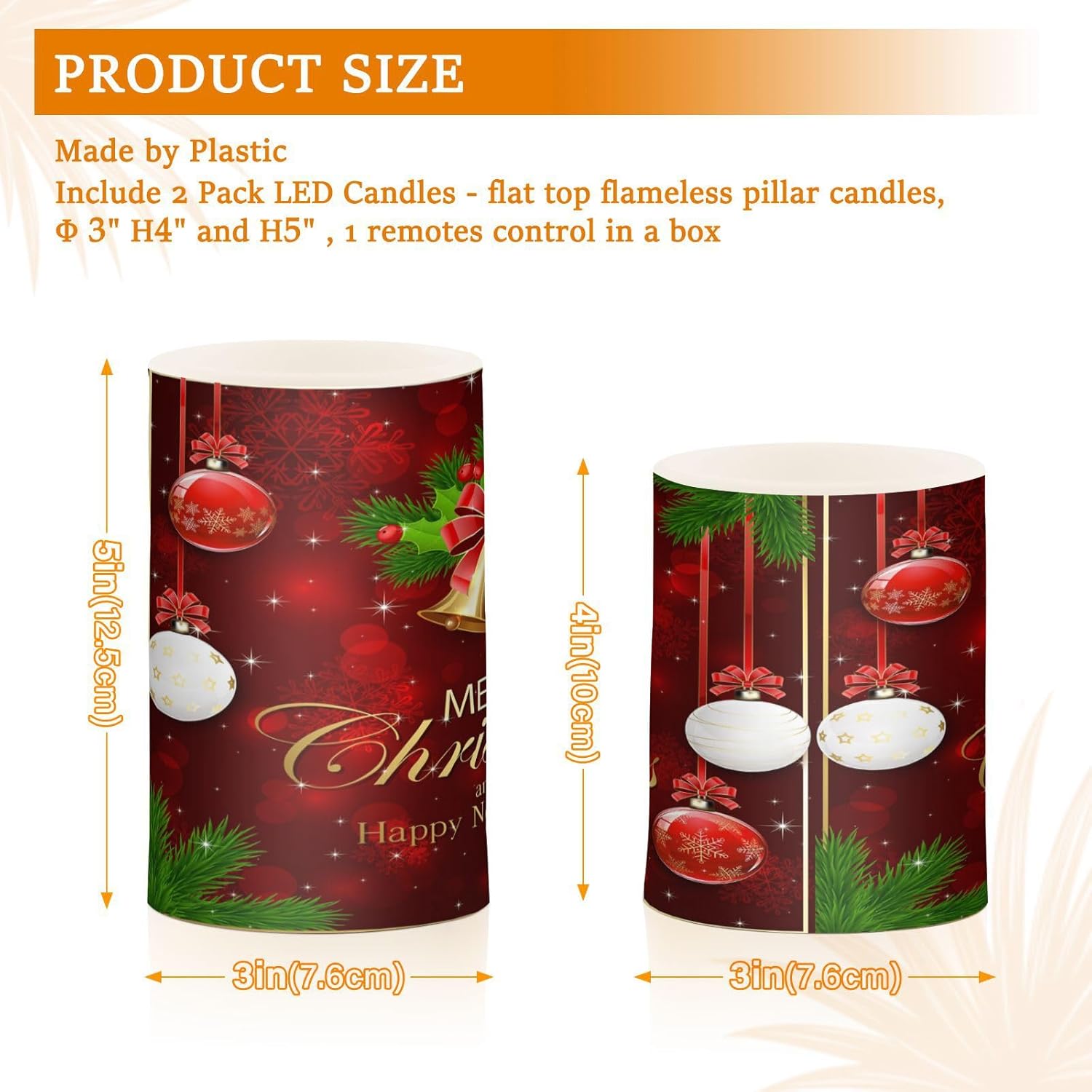 Kcldeci Velas sin llama, copos de nieve de Navidad, bolas de Navidad, velas LED sin llama, velas LED sin llama, velas de pilar sin llama para